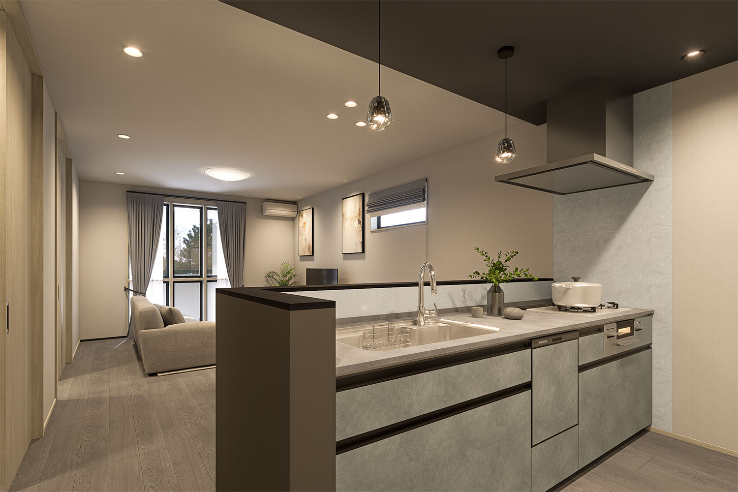 T-1／メラミンのカウンタートップは耐汚性に優れているだけでなく、インテリア性が高く、空間をオシャレに演出。