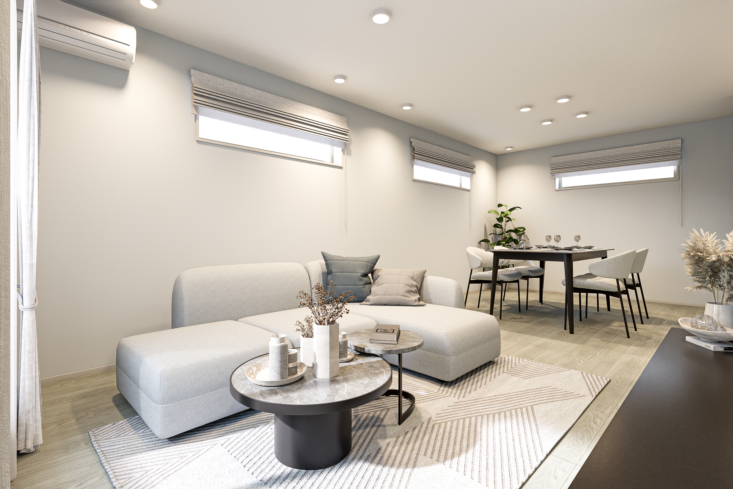 T-2／18.3帖の広々としたLDK。2階リビング×ハイサッシで防犯性を高め、プライバシーにも配慮。※完成イメージ