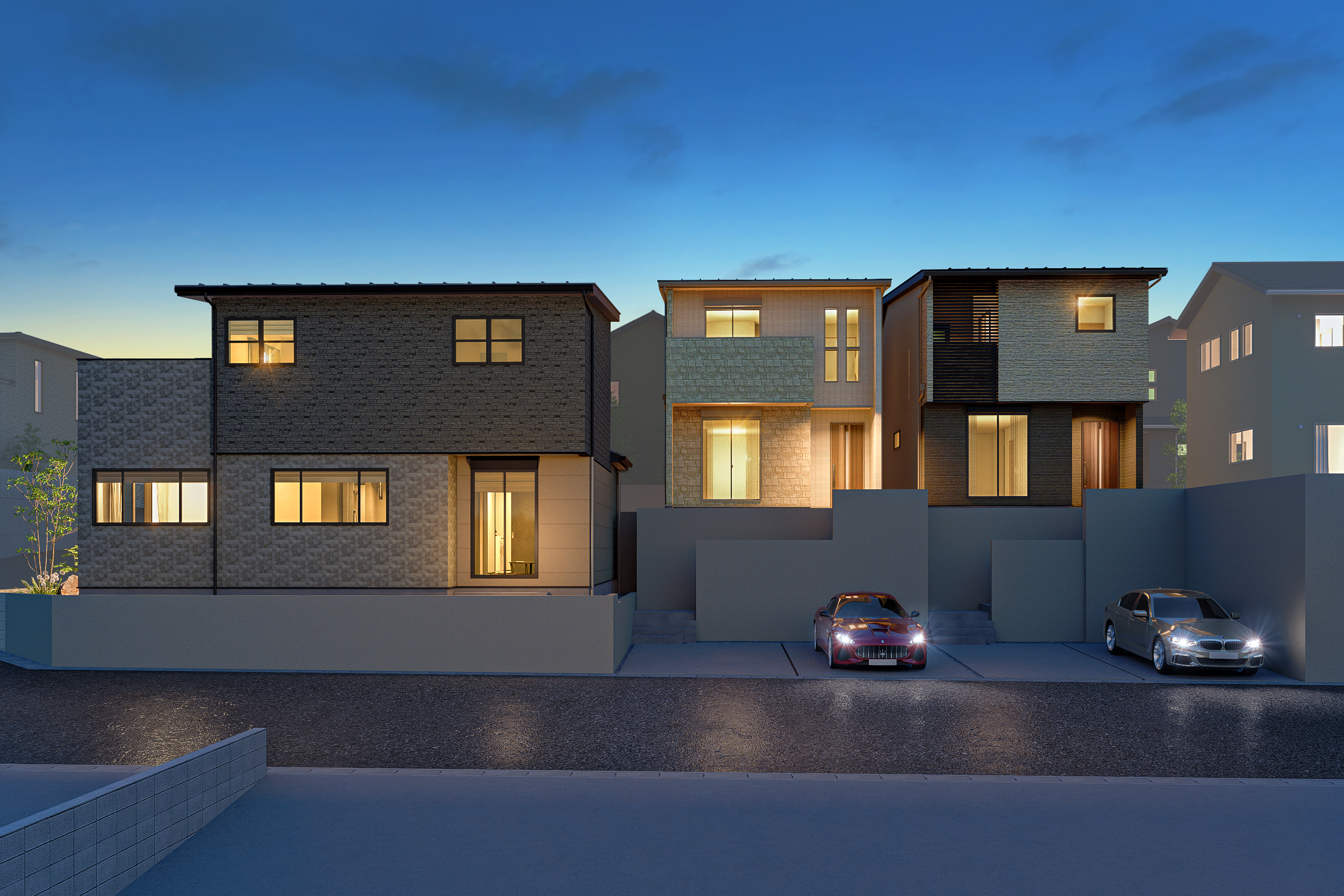 左からT-1（ご成約済み）、T-2、T-3■未完成物件の為、近隣モデルルームにてご案内させていただきます。■詳細につきましては、資料請求ボタン・見学予約ボタンよりお問合せくださいませ。