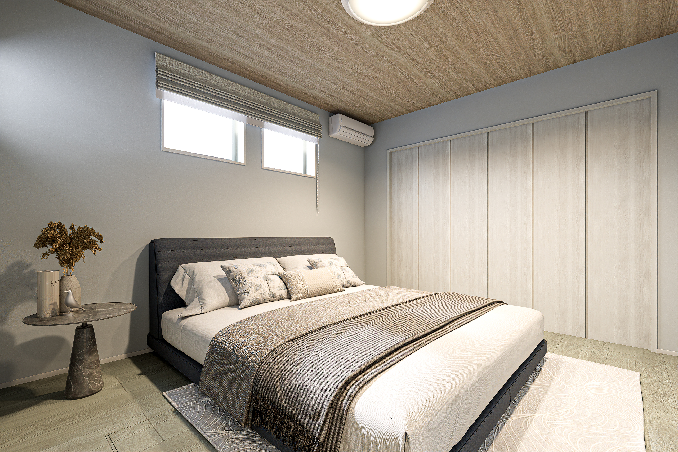 T-2／1階には主寝室を配置。壁面いっぱいに大型CLを配置して、収納力を確保。CL内には床下収納付き。※完成イメージ