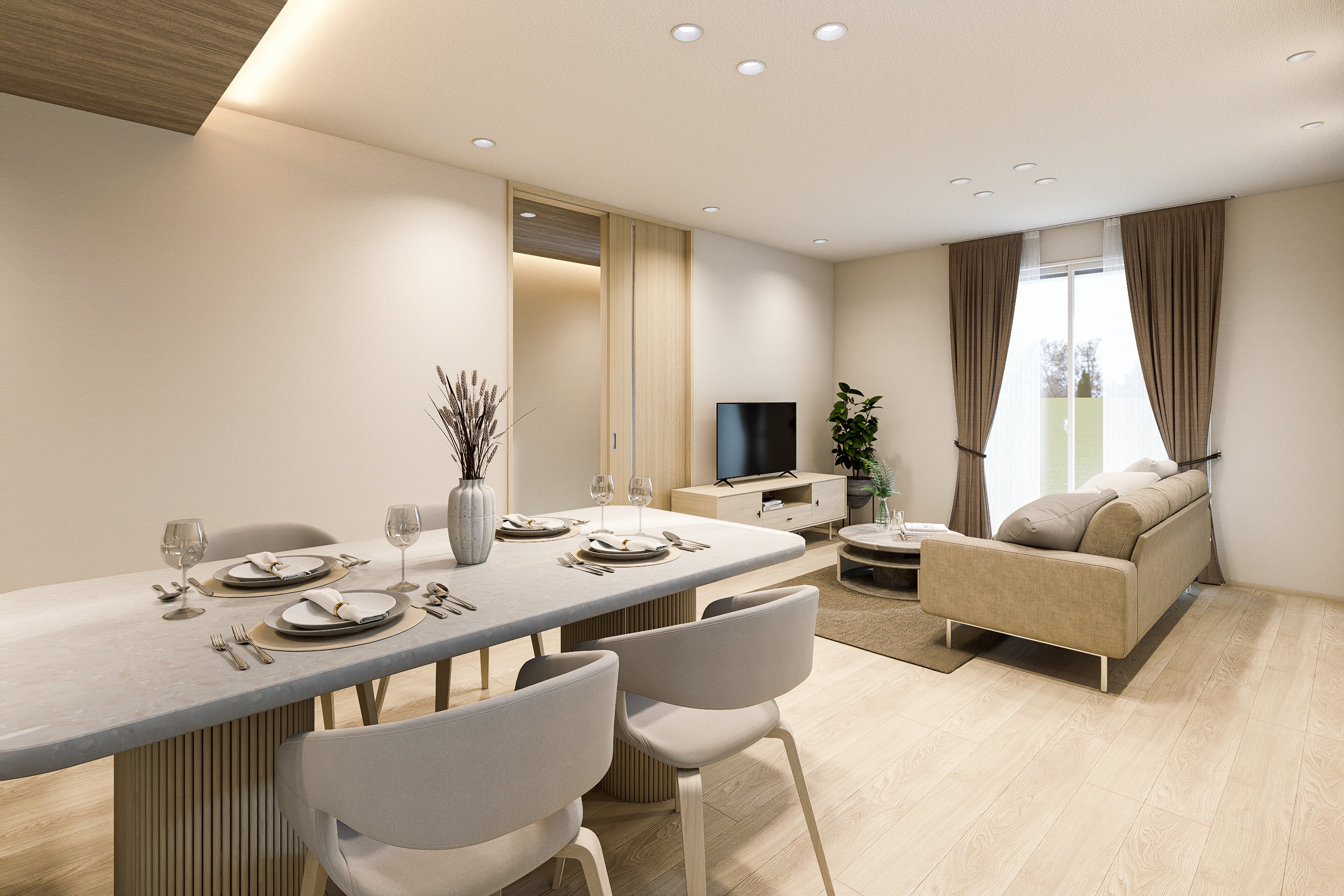 T-2/リビングもダイニングもキッチンも、すべてが心地よくつながる空間。軽やかなトーンが、日常に上質でやさしいリズムを運んでくれます。