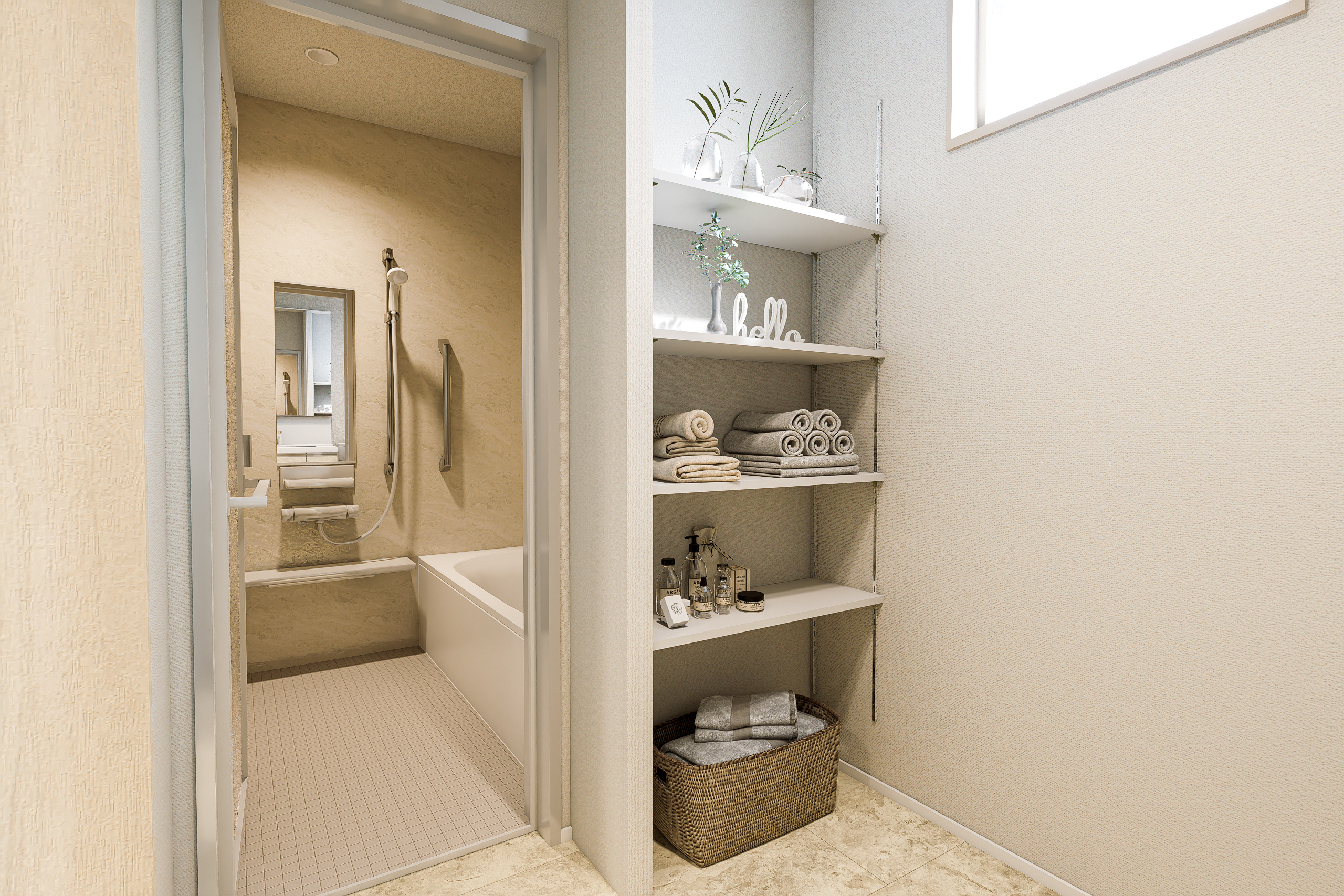 T-2/タオルも日用品もすっきり収まる、見た目も使い勝手も満たす脱衣室。明るい光と柔らかなトーンが、家族みんなに優しい快適さを届けます。