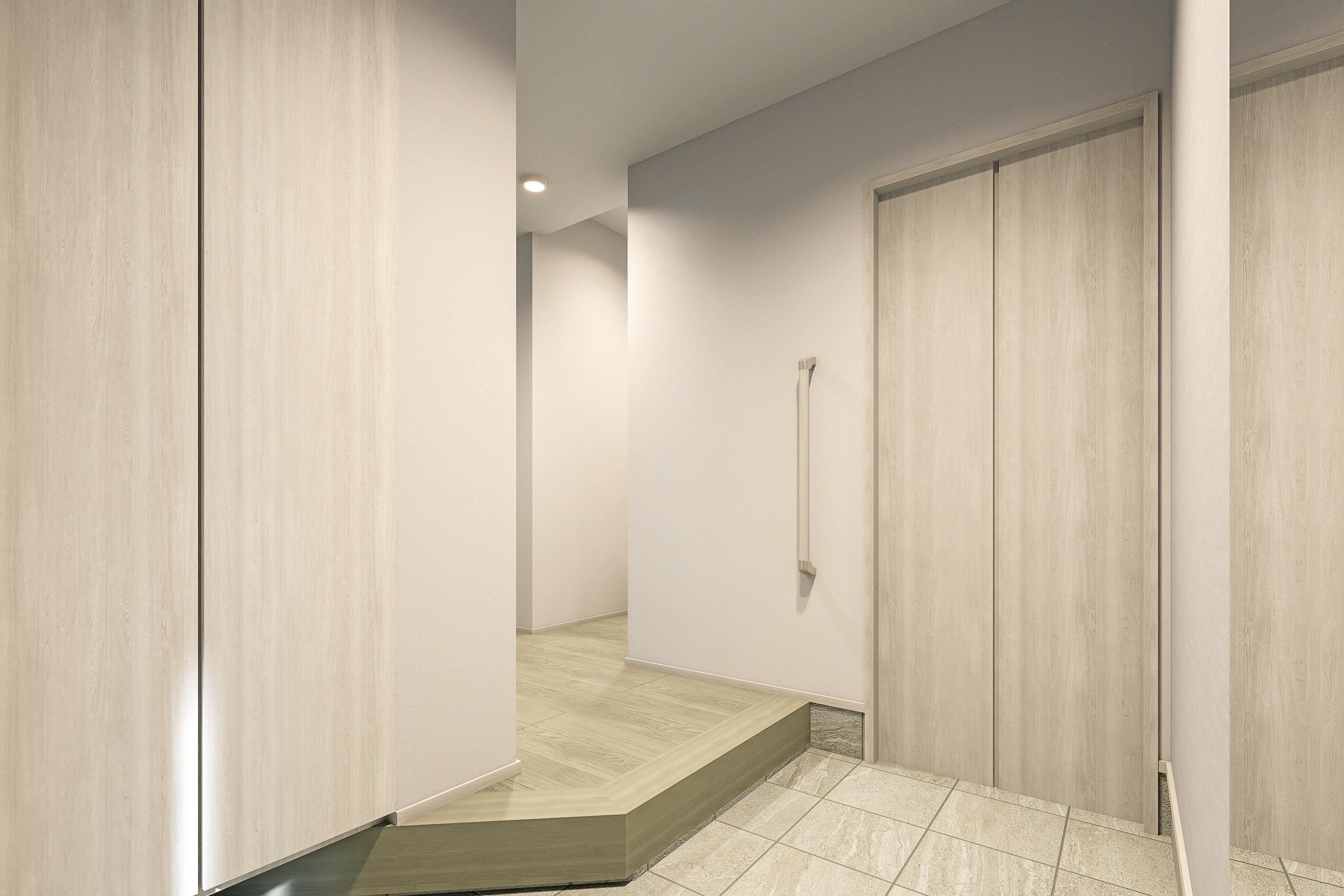 T-2／ライトグレージュの柔らかな色合いが温かみのある玄関。1日の始まりと終わりをそっと見守る優しい空間です。