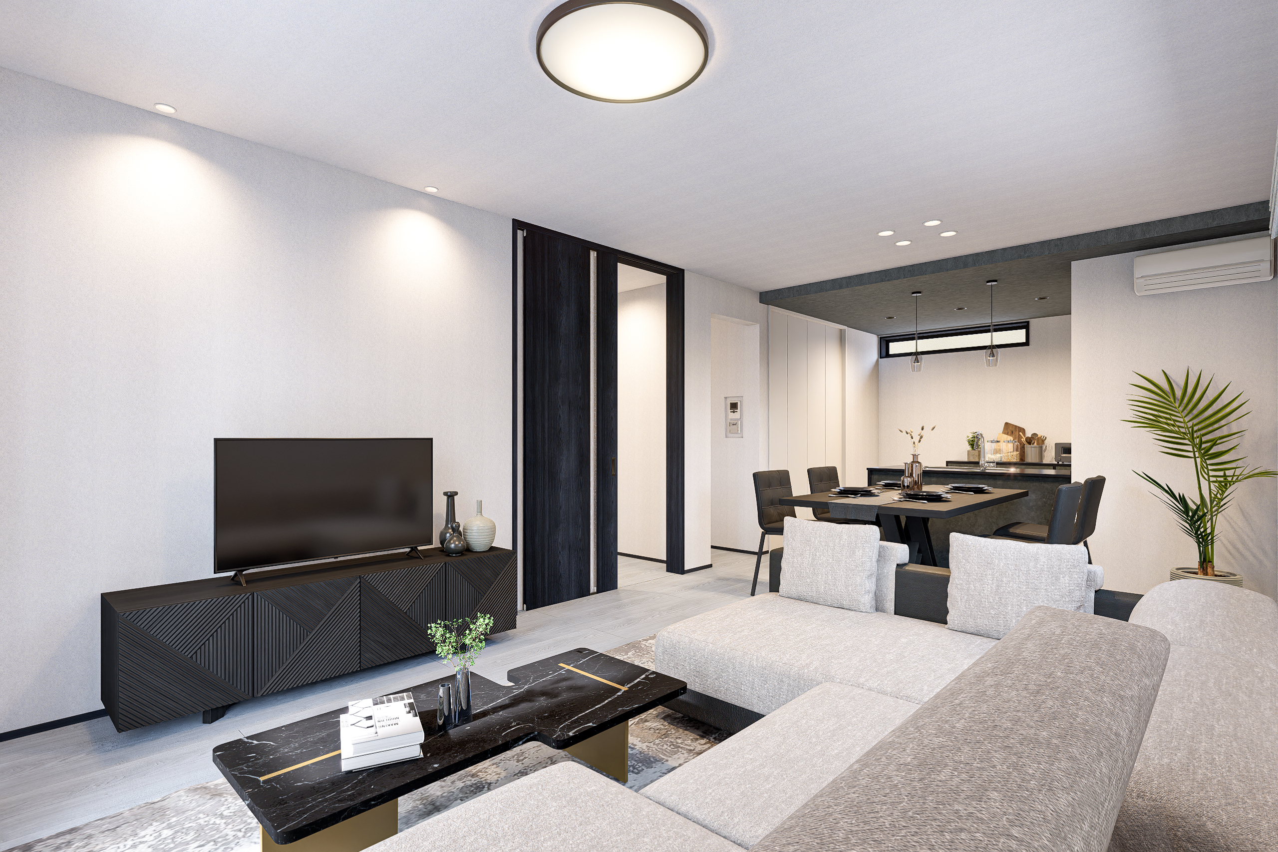 T-2／随所にブラックを効かせたスタイリッシュモダンなLDK。豊かな採光と開放感でホッとできる優しい空間。