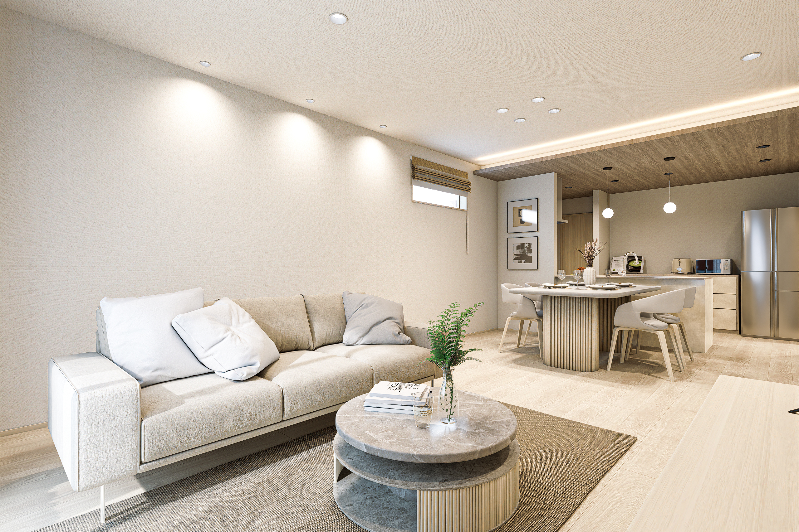 T-2/穏やかな光に満たされたリビングが、家族の時間をゆったりと包み込む。上質な色合いとシンプルなデザインが、日常にやさしい贅沢をもたらします。