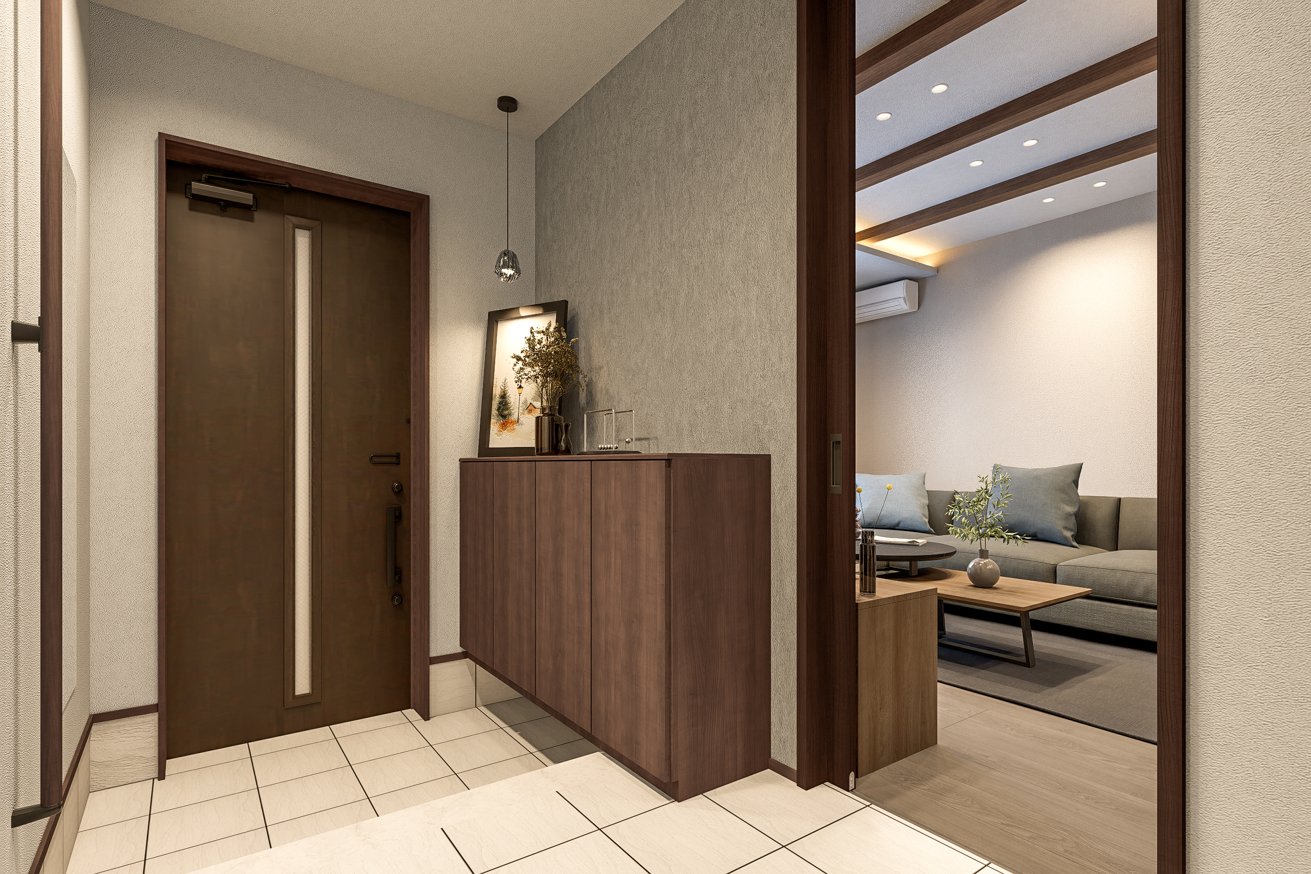 T-3/充実した玄関収納で、住まいの顔はいつも美しく整います。すっきりとした空間が、奥に広がる家族の豊かな暮らしへと、優しく誘います。