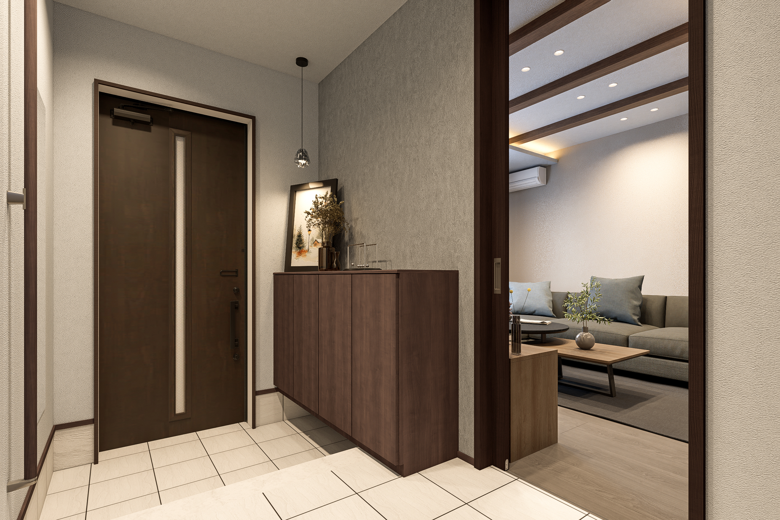 T-3／充実した玄関収納で、住まいの顔はいつも美しく整います。すっきりとした空間が、奥に広がる家族の豊かな暮らしへと、優しく誘います。