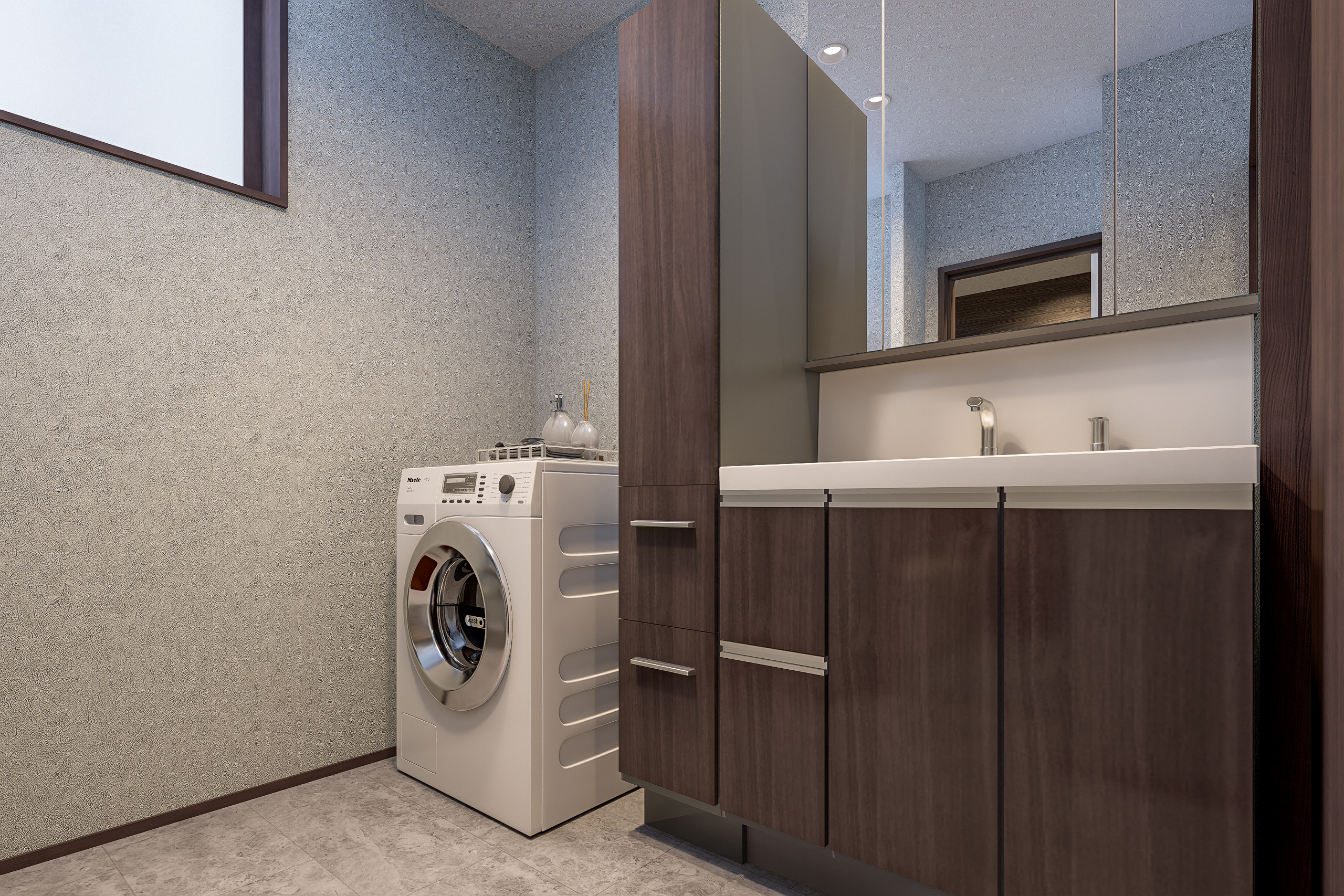 T-3/「タオルはここ、着替えはこっち」。可動棚とキャビネットが、家族みんなの暮らしに寄り添います。すっきり片付く空間が心地よい毎日を支えます。