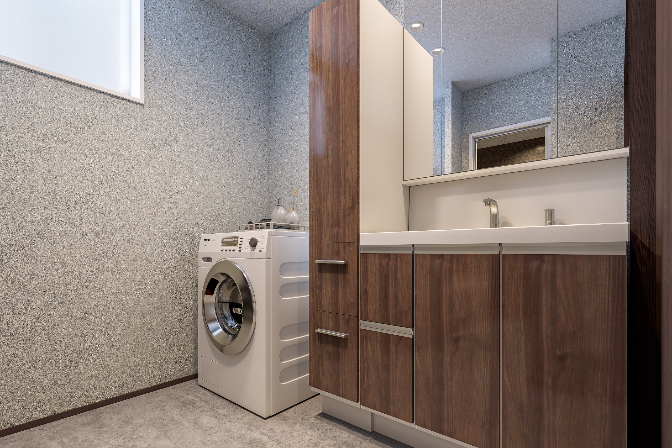 T-3／「タオルはここ、着替えはこっち」。可動棚とキャビネットが、家族みんなの暮らしに寄り添います。すっきり片付く空間が心地よい毎日を支えます。