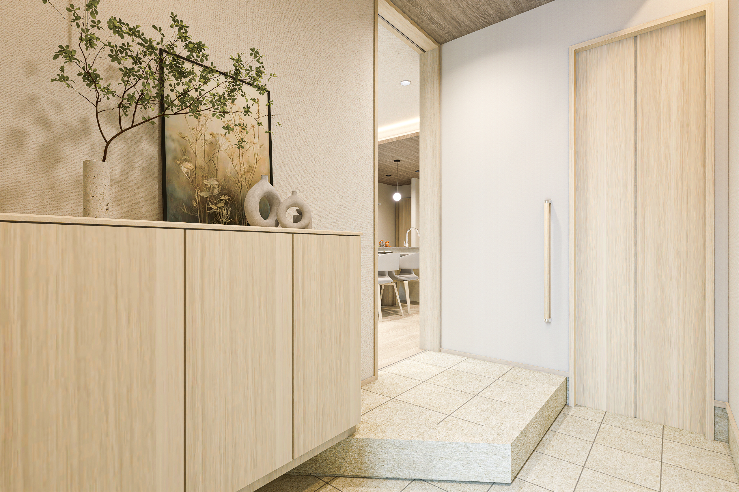 T-2/自然な明るさと清潔感が心を軽くする玄関ホール。ナチュラルなトーンが、家族と訪れる人の気分をふわりとやわらげてくれます。