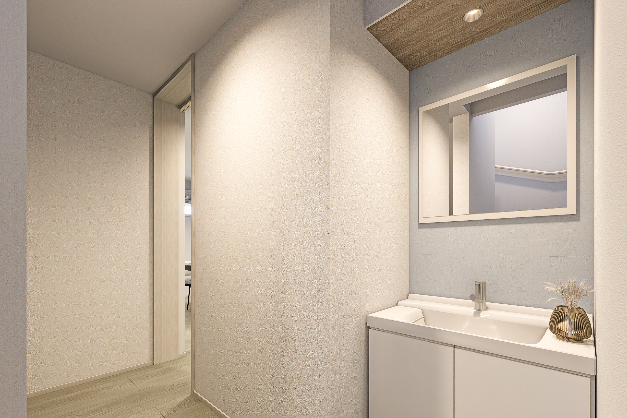 T-2／2階ホールの洗面台をは朝の身支度にも利用できるので、お出かけ前の忙しい時にも便利。