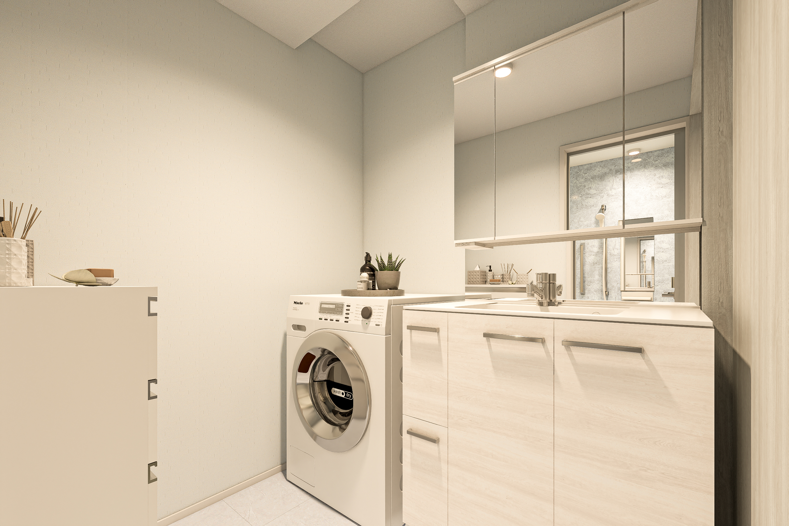 T-2／LED照明を搭載したミラーキャビネットは薄型ながら収納力バッチリ！節水効果の高い水洗が装備されています。