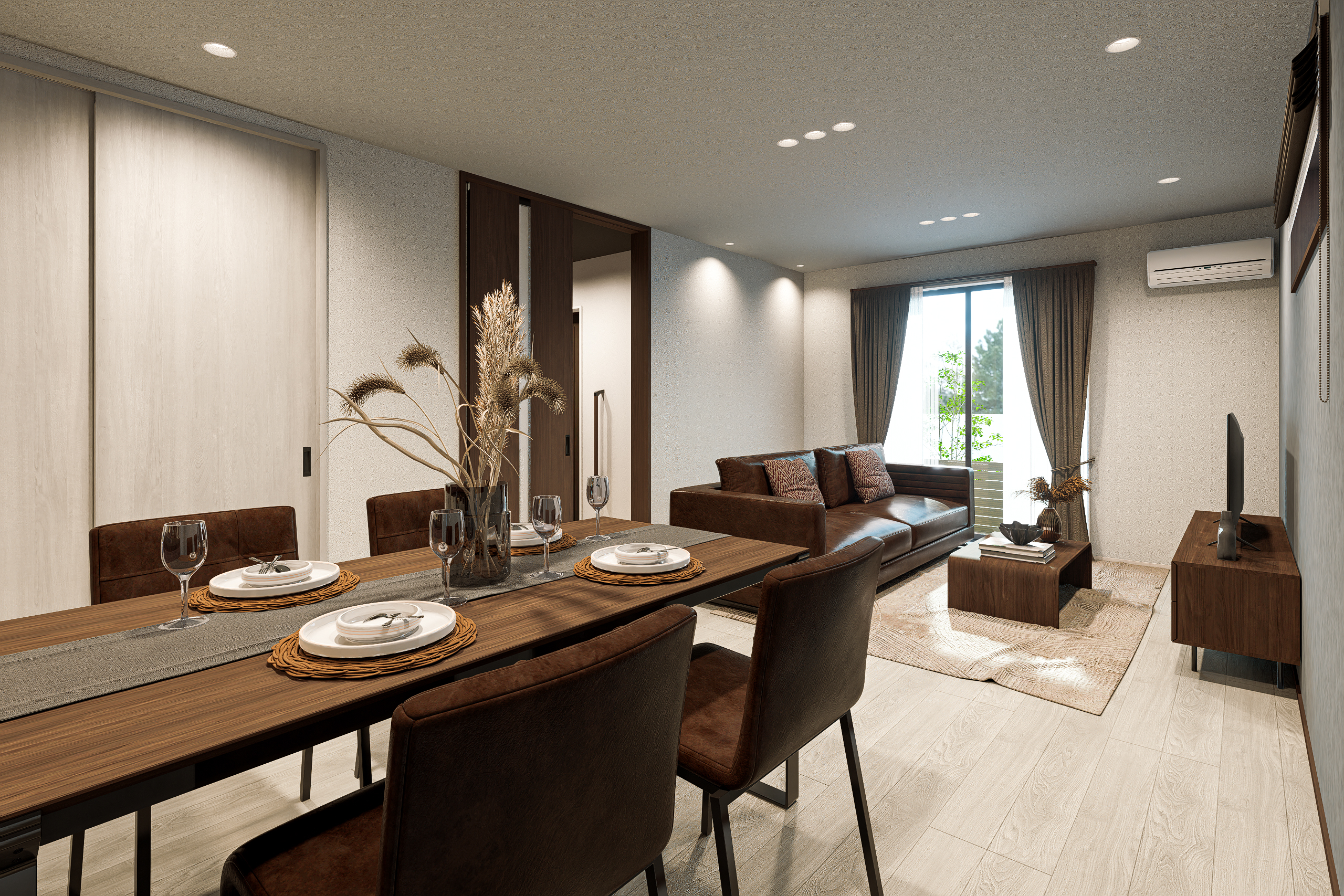 T-1/デザインと寛ぎを両立。折下げ天井が空間に奥行きを与え、家族が集うダイニングに落ち着きをプラスしました。