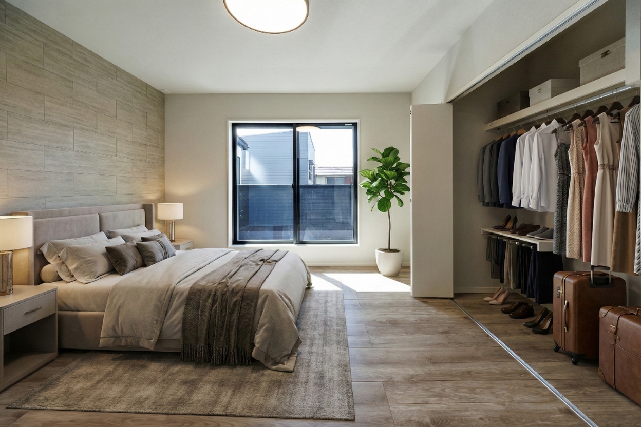 T-2／広々とした寝室と出し入れしやすい大型クローゼットで朝の支度もスムーズに。毎日を快適に始める上質なプライベート空間です。※家具CG