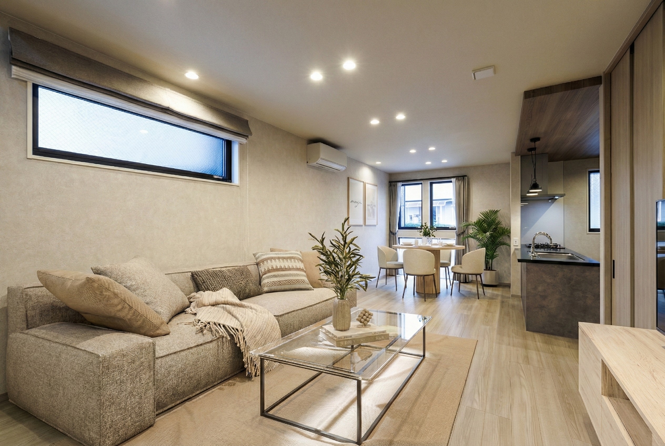 T-3／18.6帖の開放的なLDKと、対面キッチンによるスムーズな動線。家族の気配を感じながら過ごせる、快適な空間です。※家具CG