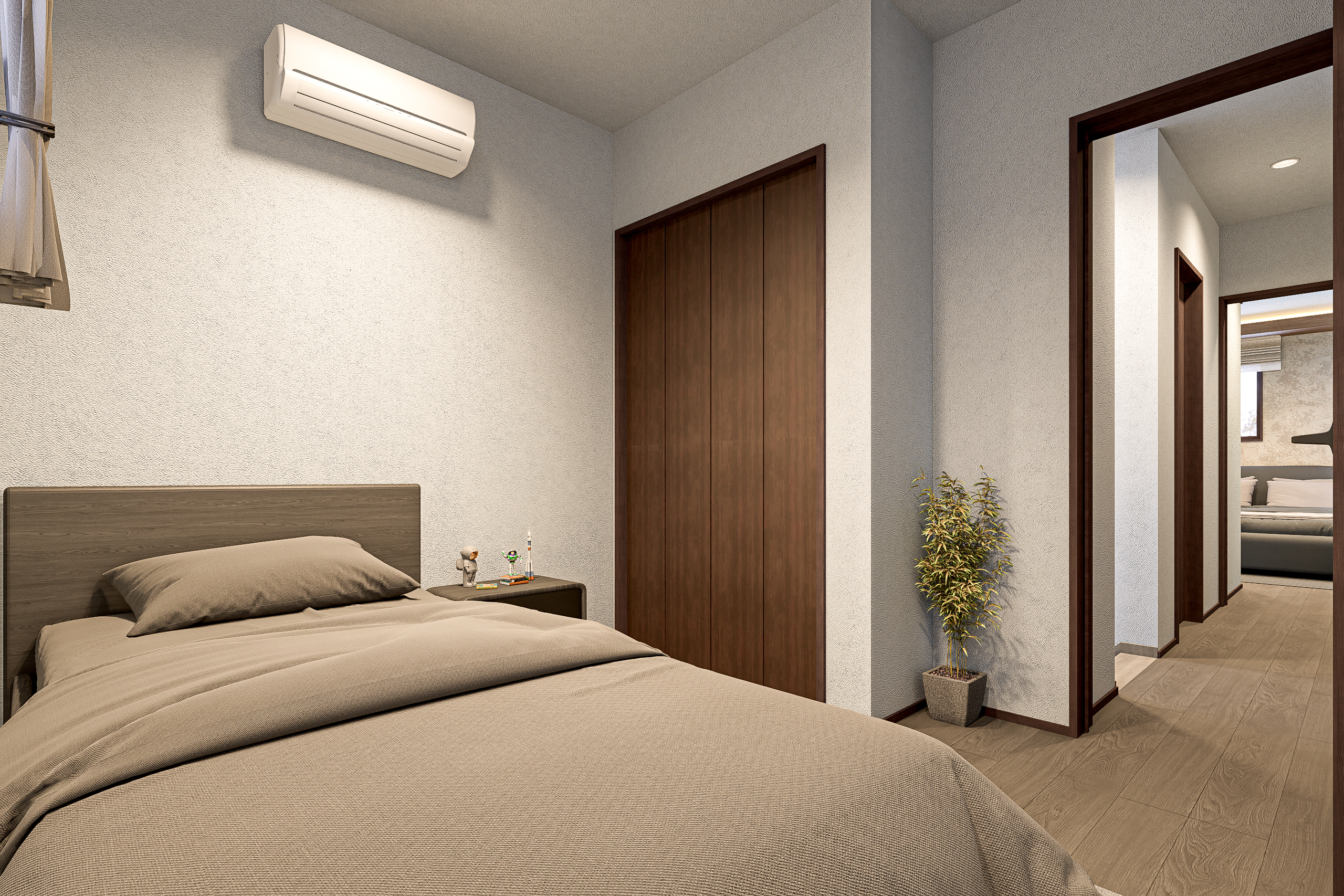 T-3/コンパクトでもゆったりと感じられる、穏やかな雰囲気の寝室。廊下へ続く動線が生活に便利さを加え、心地よい毎日を支えます。