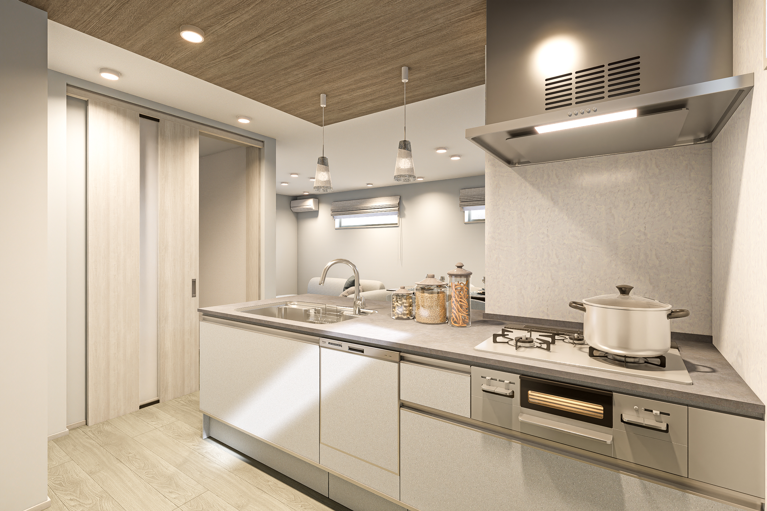 T-2／メラミンのカウンタートップは硬くて傷がつきにくいのでお手入れしやすいのがポイント。