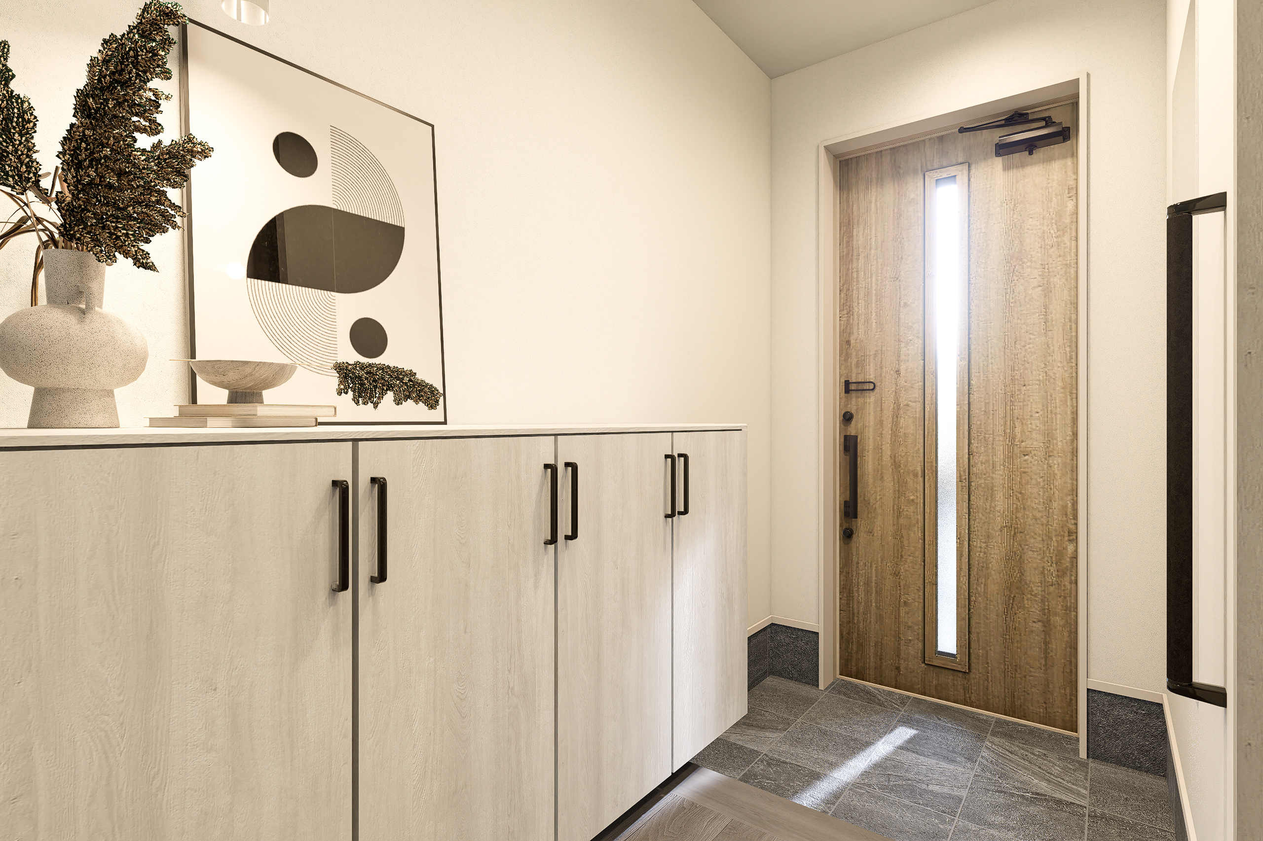 T-5/主張しすぎない色合いが自然と空間に馴染む心地よい玄関。扉は防火仕様で便利なポケットキーを搭載。