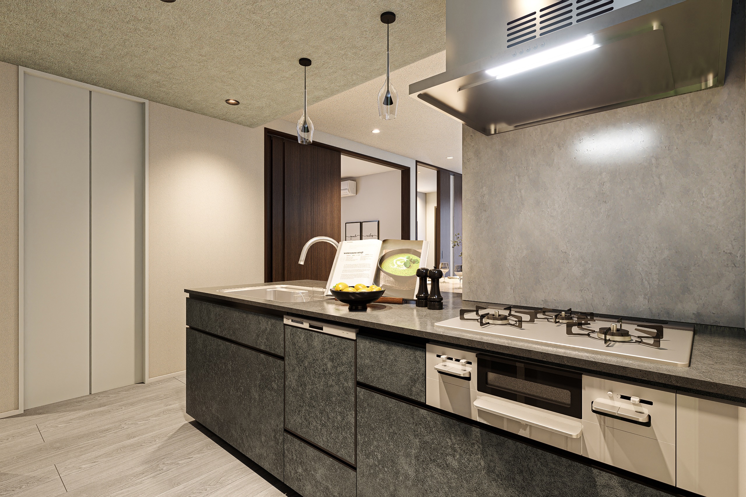 T-3／1デザイン性と機能性を両立した、システムキッチン。料理が趣味になるような、スタイリッシュな空間で快適な毎日を。