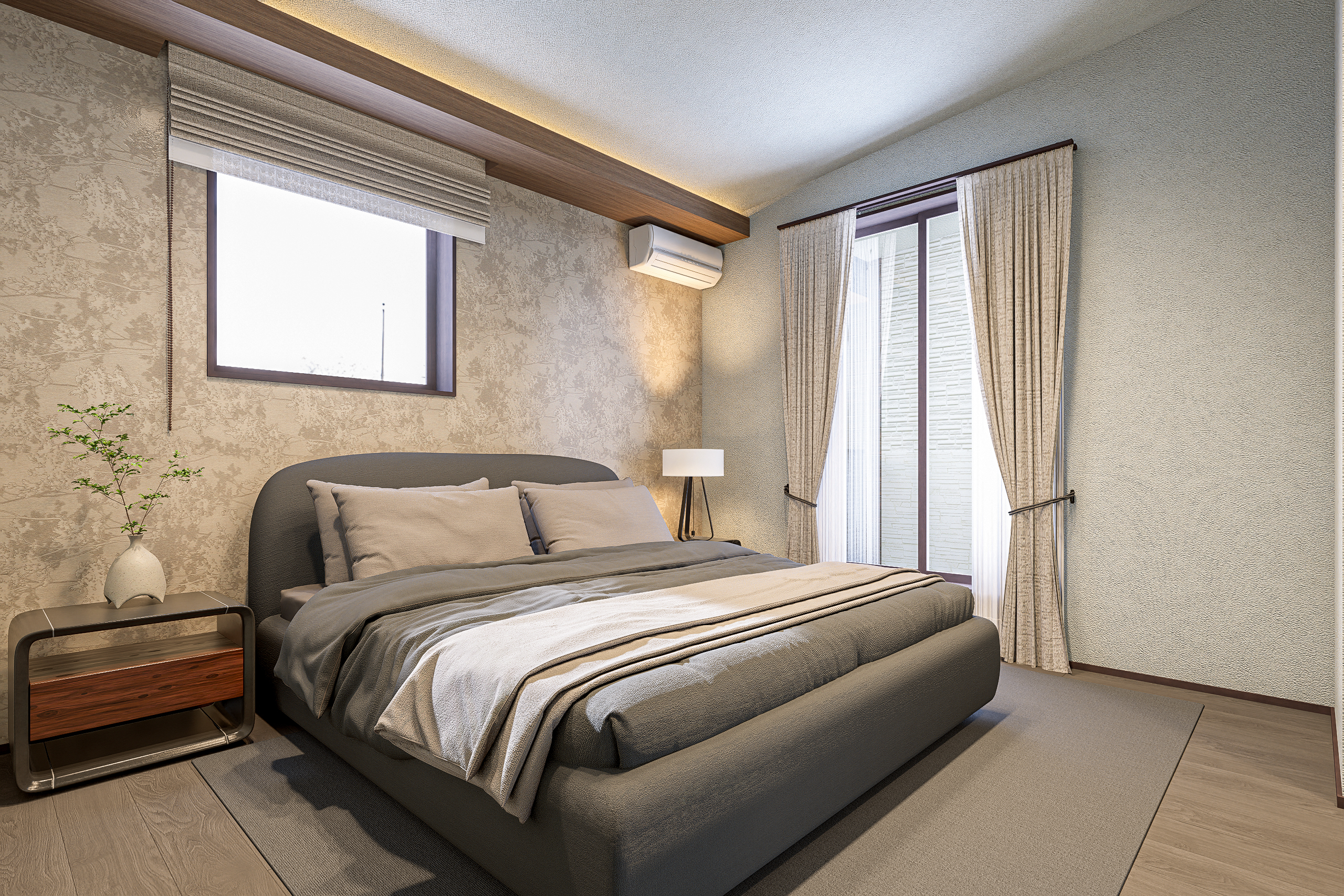 T-3/勾配天井がもたらす、のびやかな開放感。一日の疲れを癒す、上質な寝室です。大容量WICが、旅行バッグやシーズン物まですっきりしまってくれます。