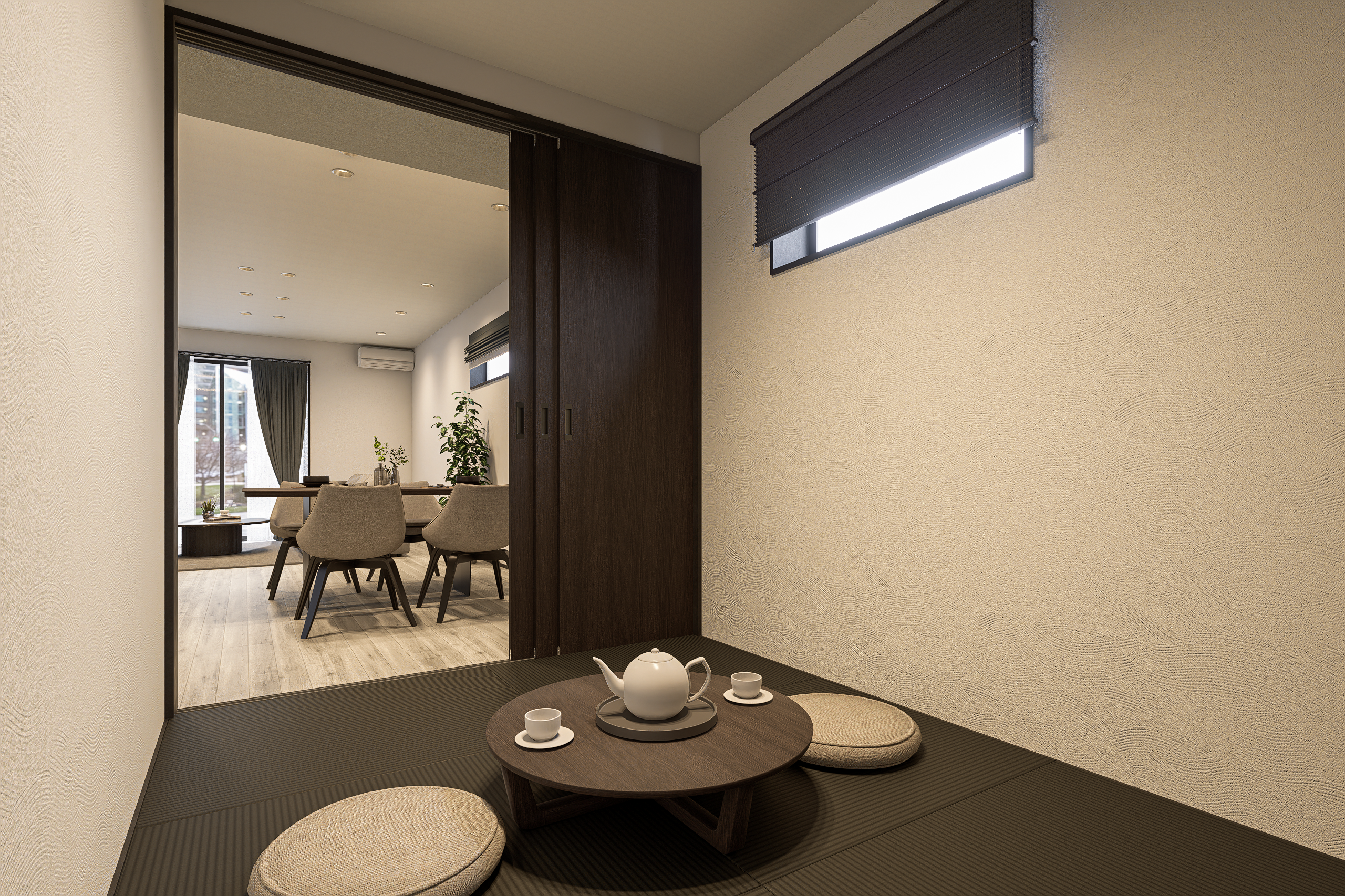 T-4/和と洋が織りなす、やすらぎの空間。大容量の押入収納つきで、多目的に使えるモダンな続き間です。