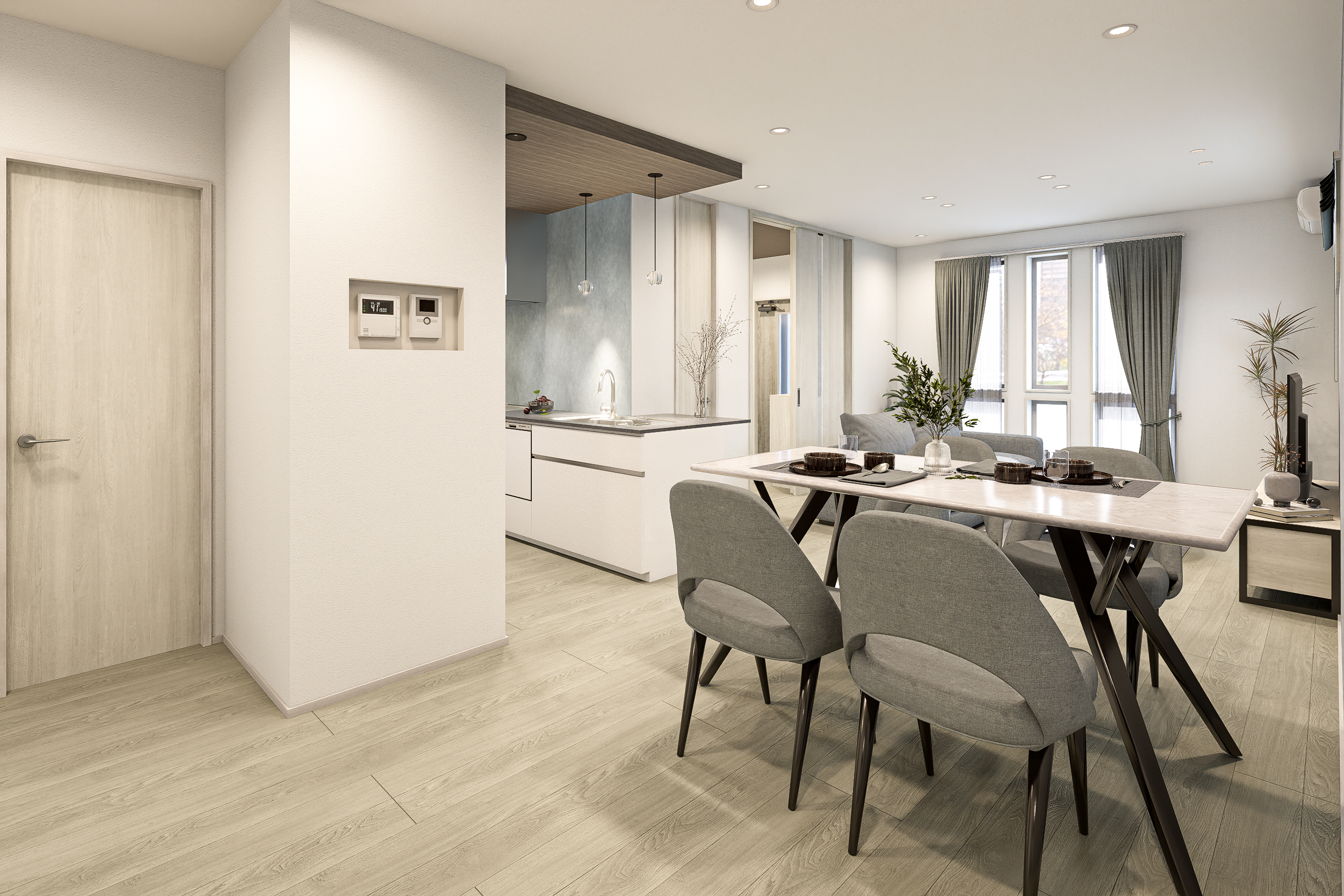 T-2／料理がスムーズ、会話も弾む一体空間。隣接するキッチンとダイニングで、家族の笑顔が広がる食卓が実現します。