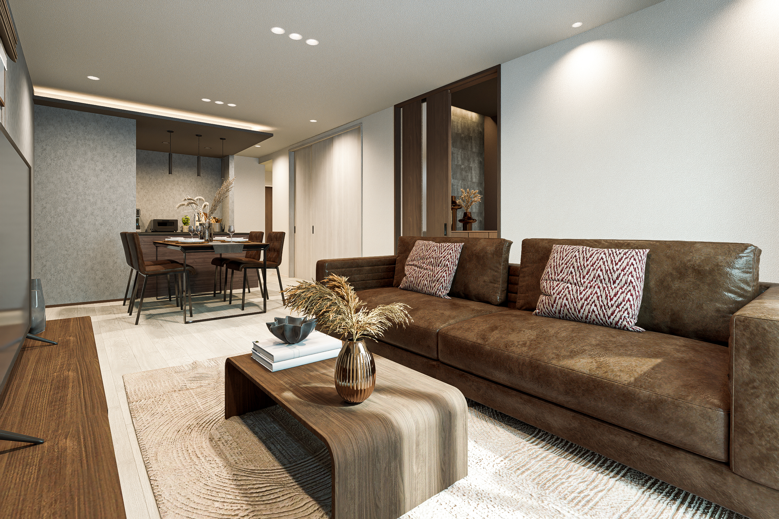 T-1/お子様の遊び場にも、寛ぎの場にも。続き間と合わせて24.2帖の広さを誇る、開放感あふれるリビングです。