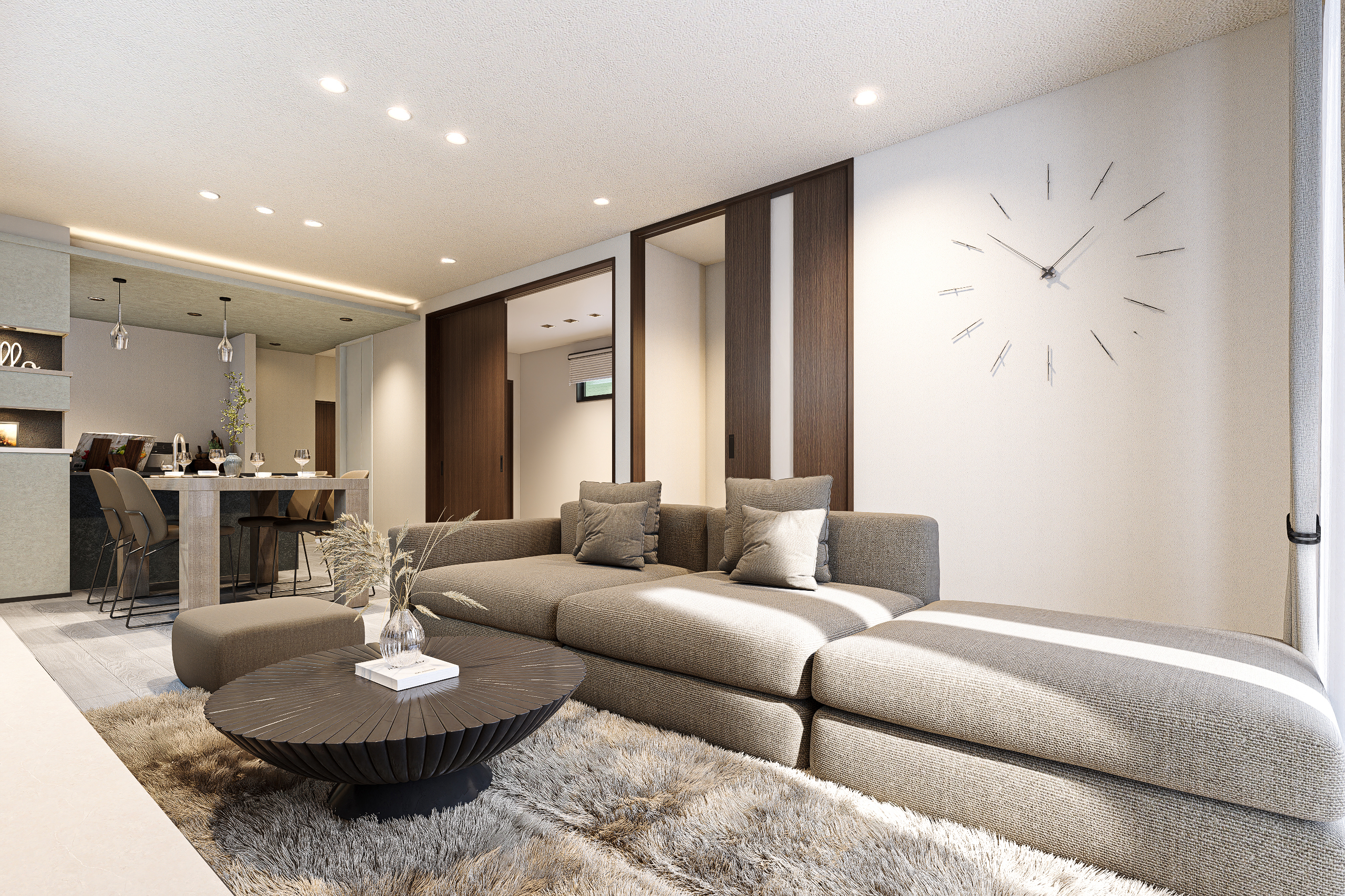 T-3／木目調の折下げ天井が空間に美しいメリハリを。上質な間接照明と相まって、お洒落で特別な雰囲気を演出します。