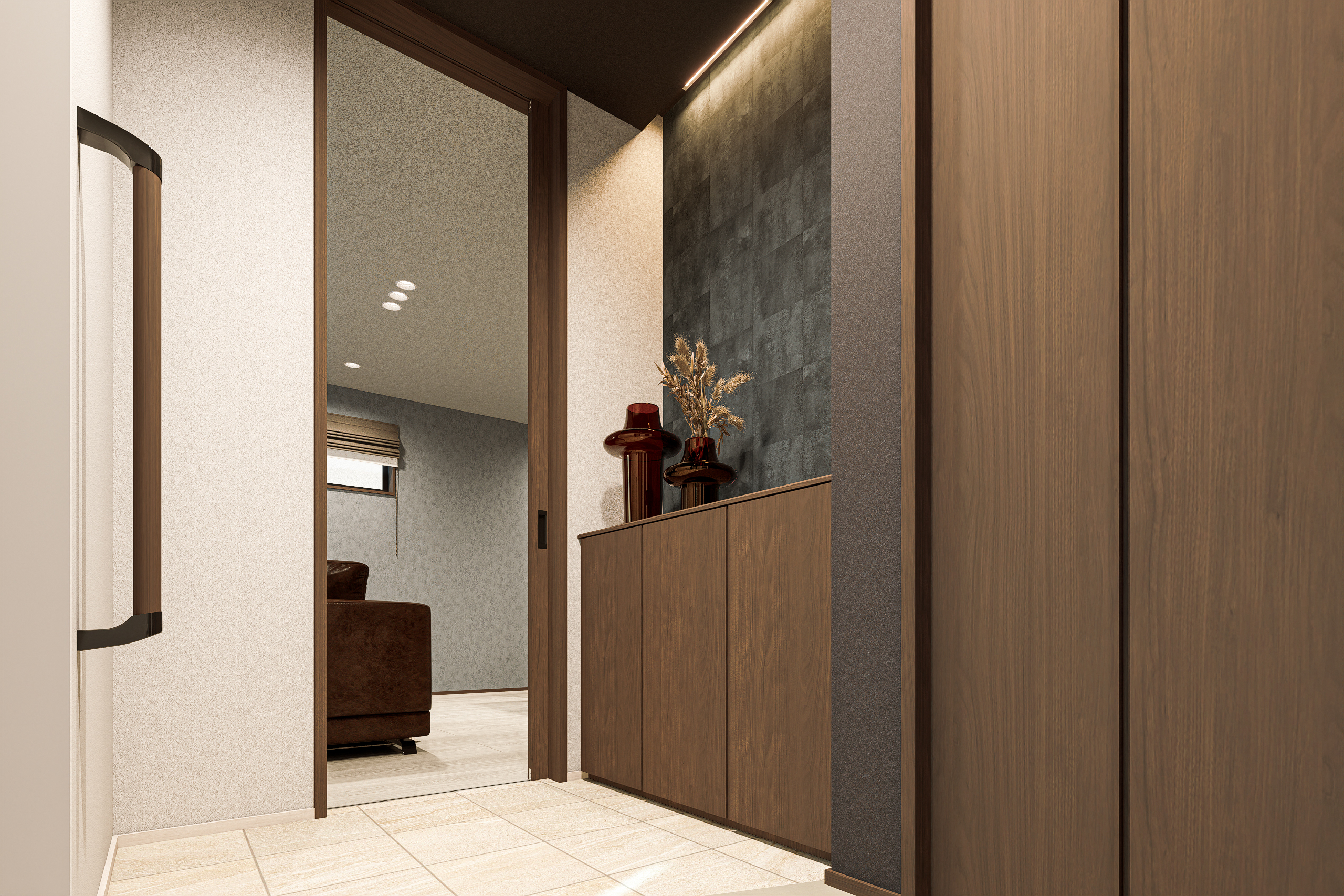 T-1/帰宅を悦びにする、ゆとりのエントランスでございます。靴箱とSICが叶える、いつも片付いたモダンな迎賓空間です。