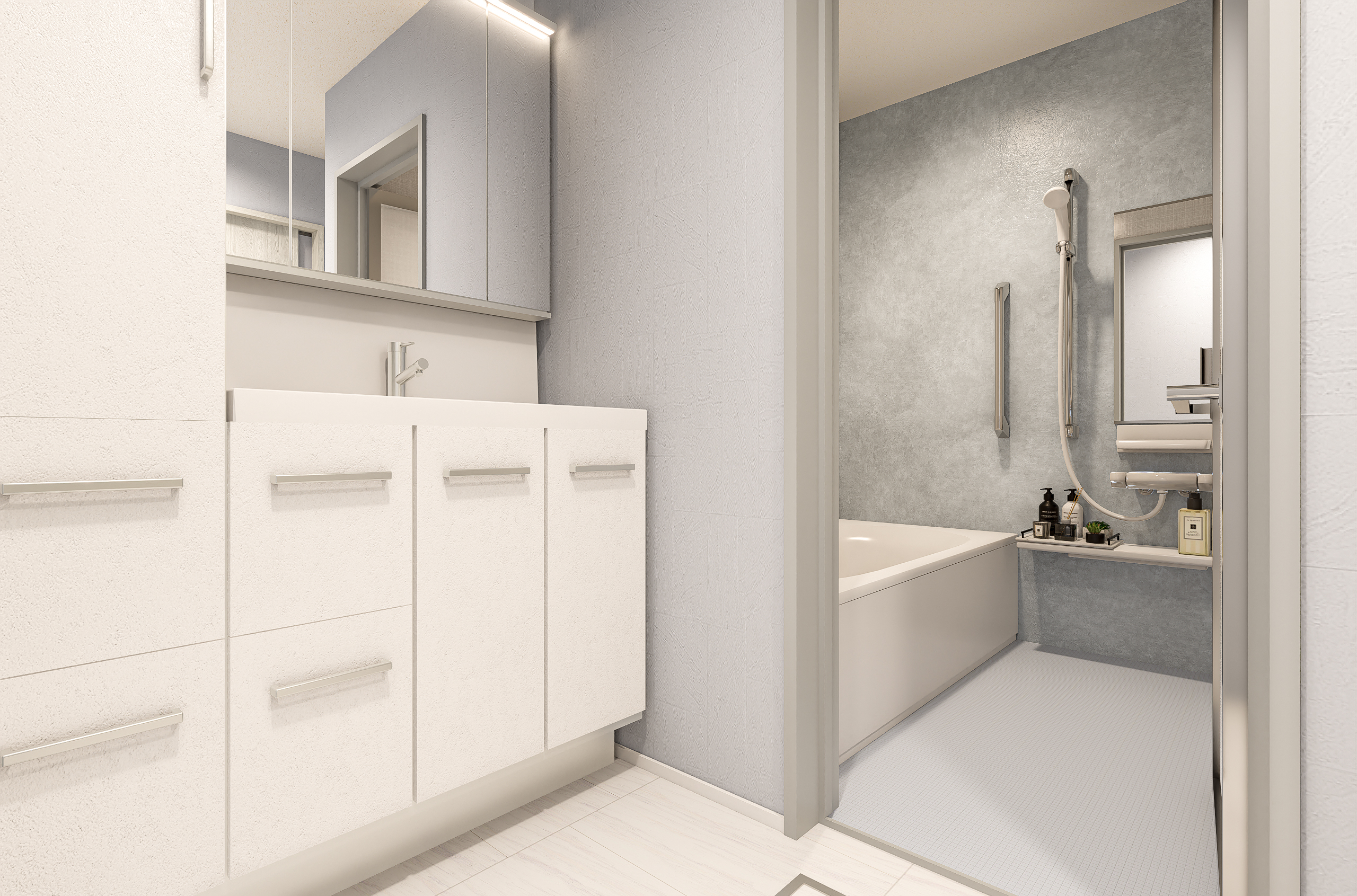 T-2／身支度もリラックスタイムも、ここなら自然と丁寧になる。清らかな質感と落ち着いた色合いが、暮らしに上品な安らぎを添えるサニタリー空間です。