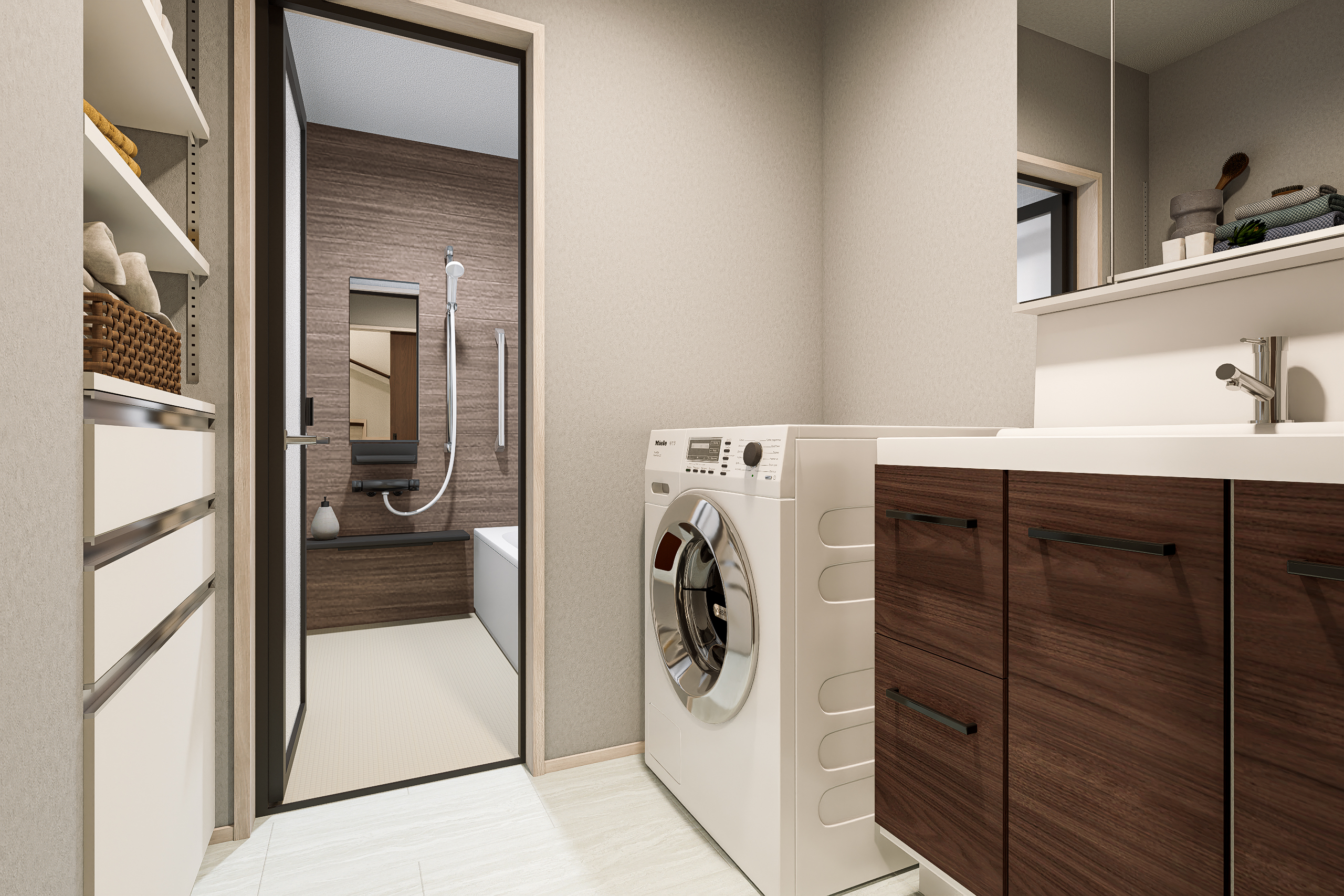 T-1/全てを美しく整理整頓。可動棚と充実の収納で、タオルや洗剤がすっきり片付く快適なサニタリーです。