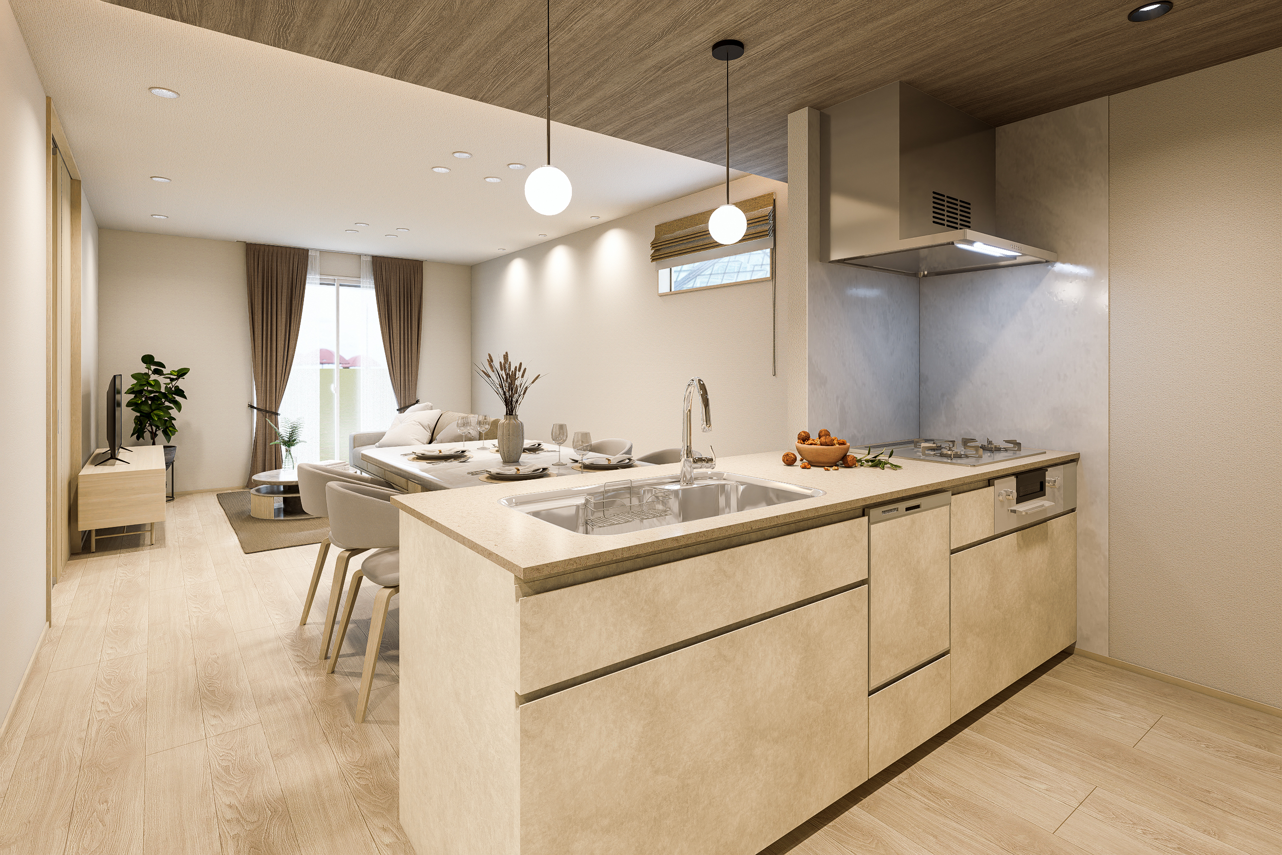 T-2/キッチンに立つ時間さえ、心がふっと軽くなる明るい空間。家族を見渡せる開放的なLDKが、毎日の暮らしにあたたかな一体感をもたらします。