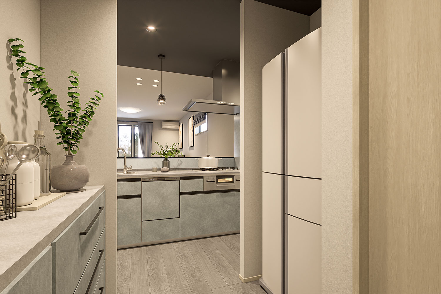 T-1／キッチン背面には冷蔵庫やカップボード置き場を設け、パントリーとしても利用できる物入れも設置しています。