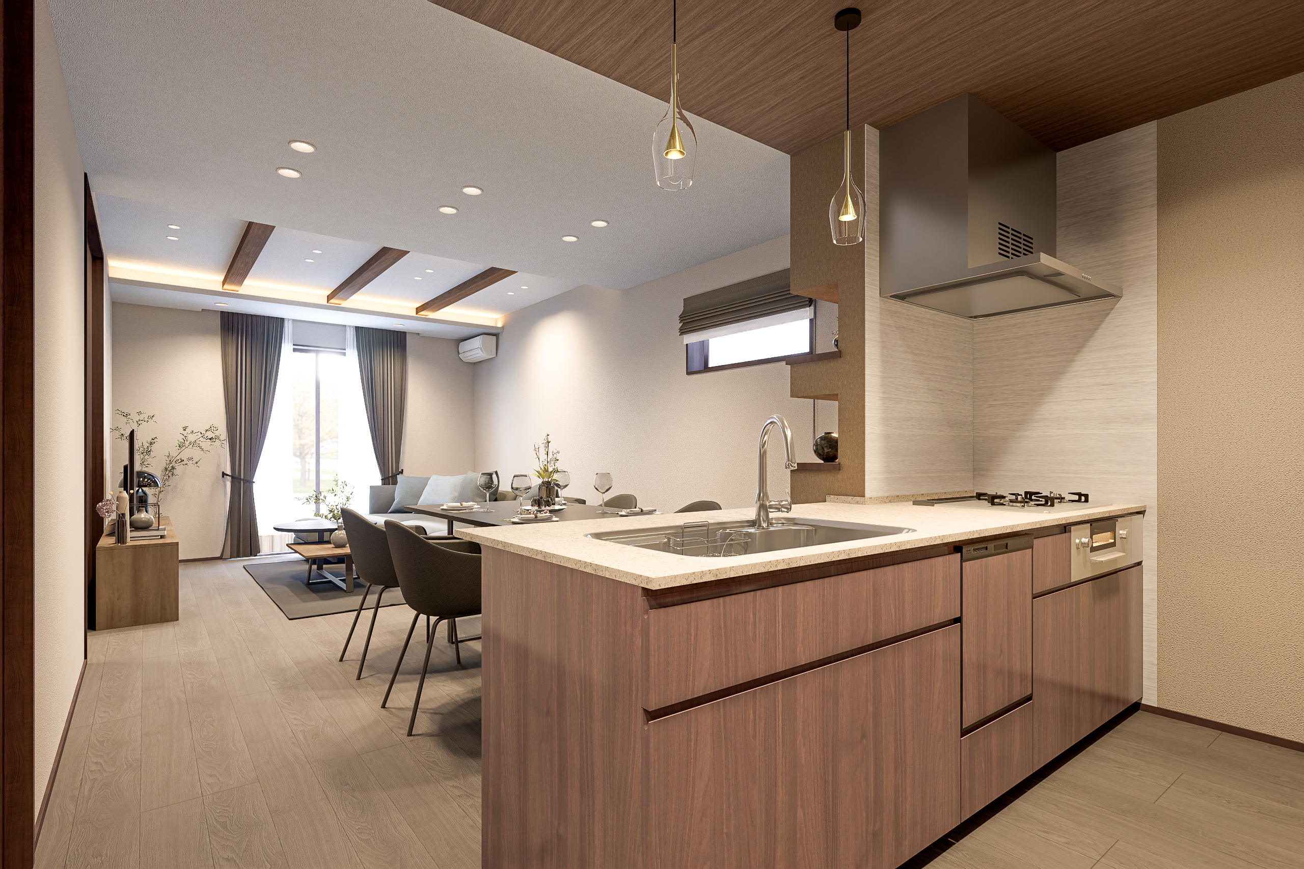 T-3/最新の設備を装備したキッチンで、毎日の料理をスマートに。背面のパントリーが、すっきりとした美しい暮らしを叶えてくれます。