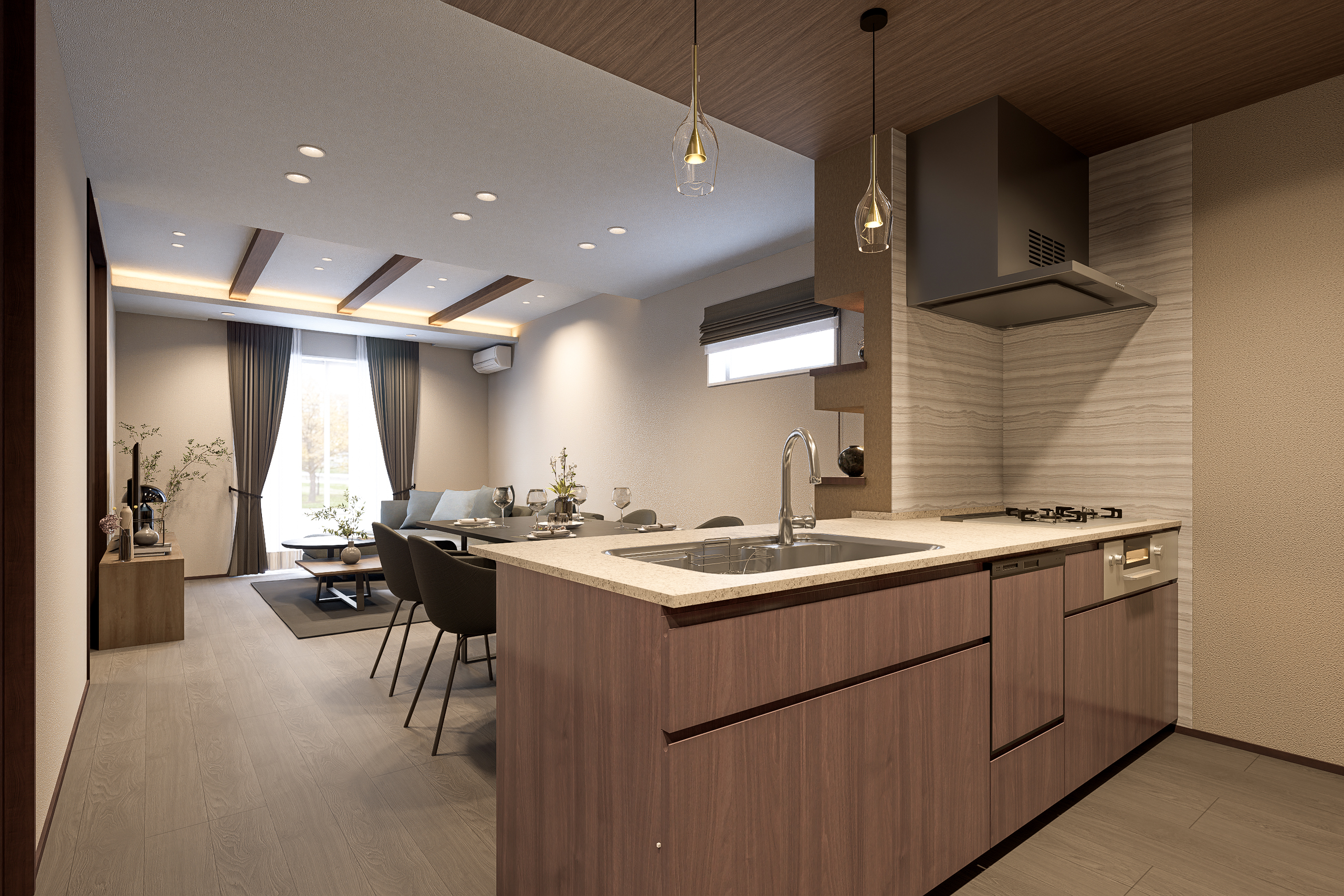 T-3／最新の設備を装備したキッチンで、毎日の料理をスマートに。背面のパントリーが、すっきりとした美しい暮らしを叶えてくれます。