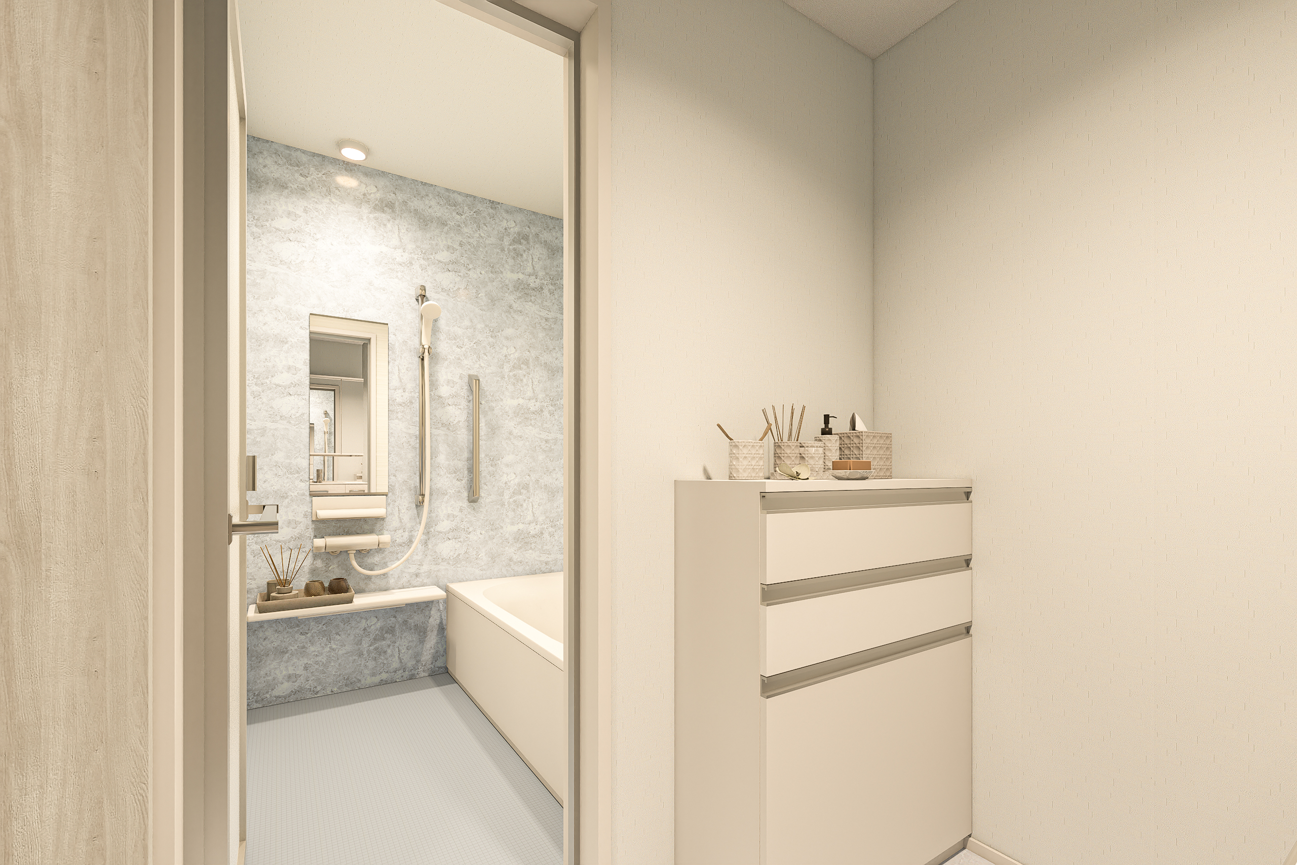 T-2／洗面室にはランドリーキャビネットも設置されています。お風呂上がりにサッと取り出せるのもポイント。