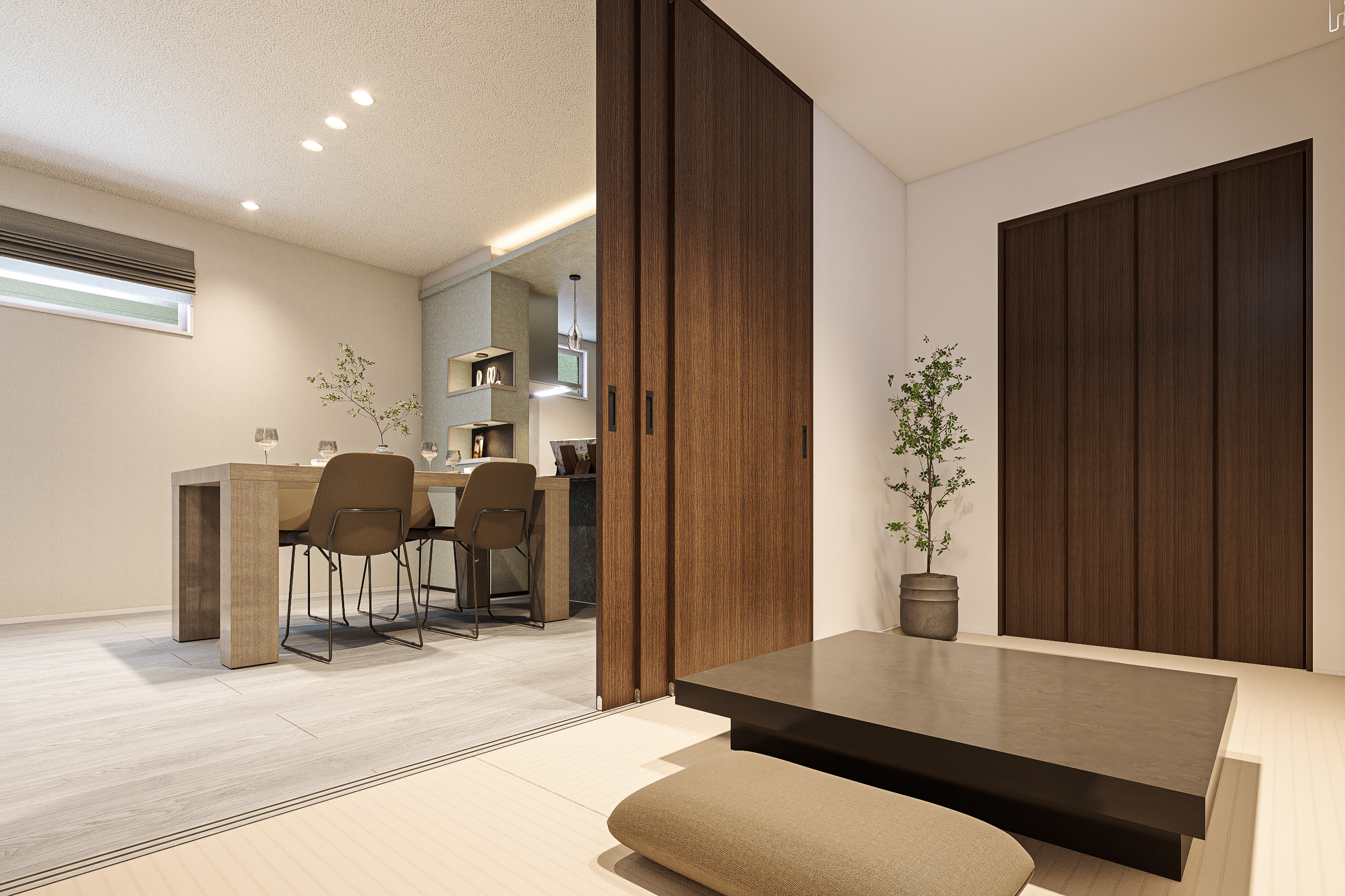 T-3／キッチンに隣接した多目的和室。家事の合間に休憩したり、お子様の遊び場、客間など、様々な用途で大活躍。