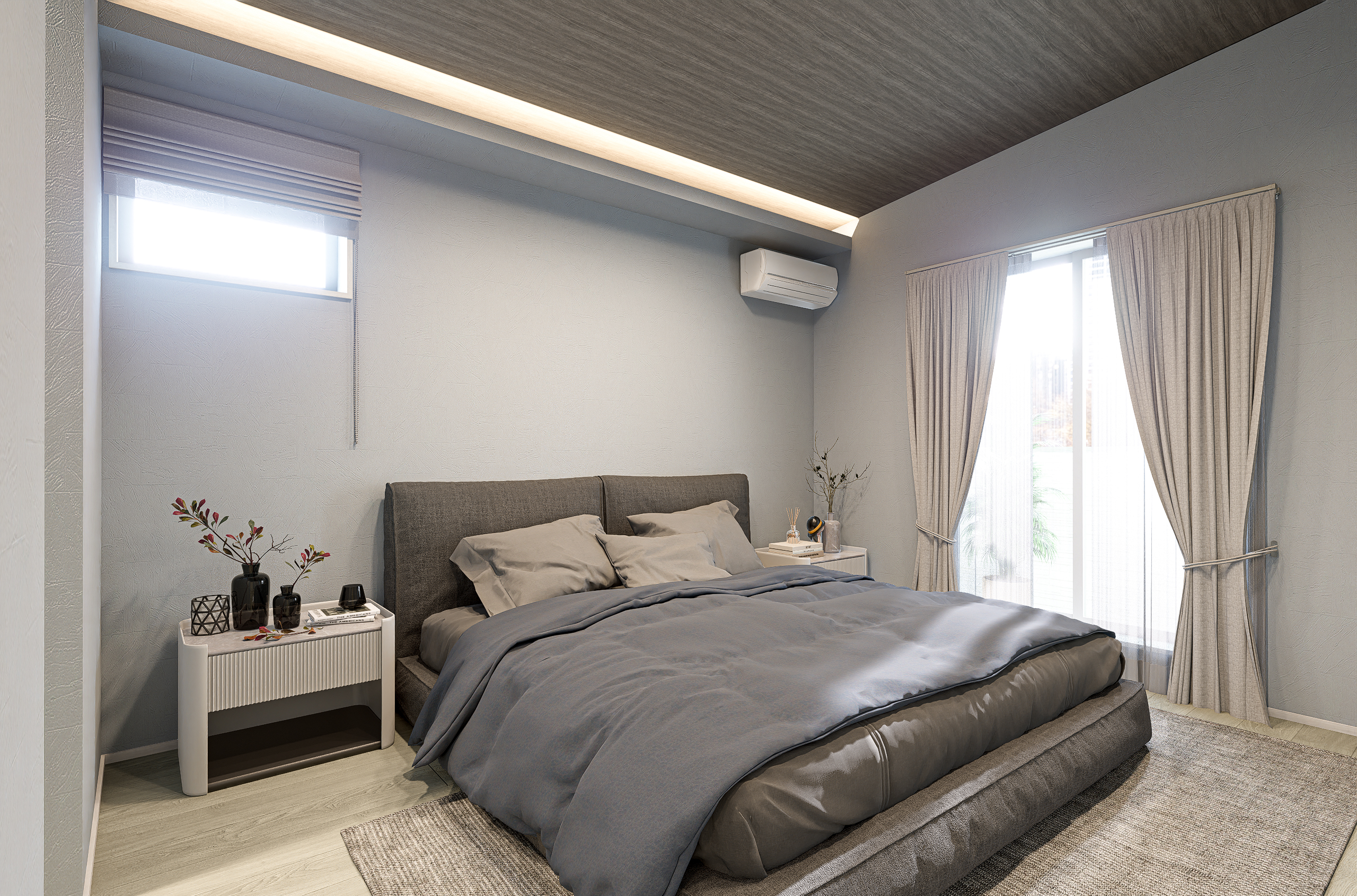 T-2／9.0帖のゆとりと勾配天井が開放的な主寝室。上質なライティングが演出する、お洒落で心落ち着くプライベート空間です。