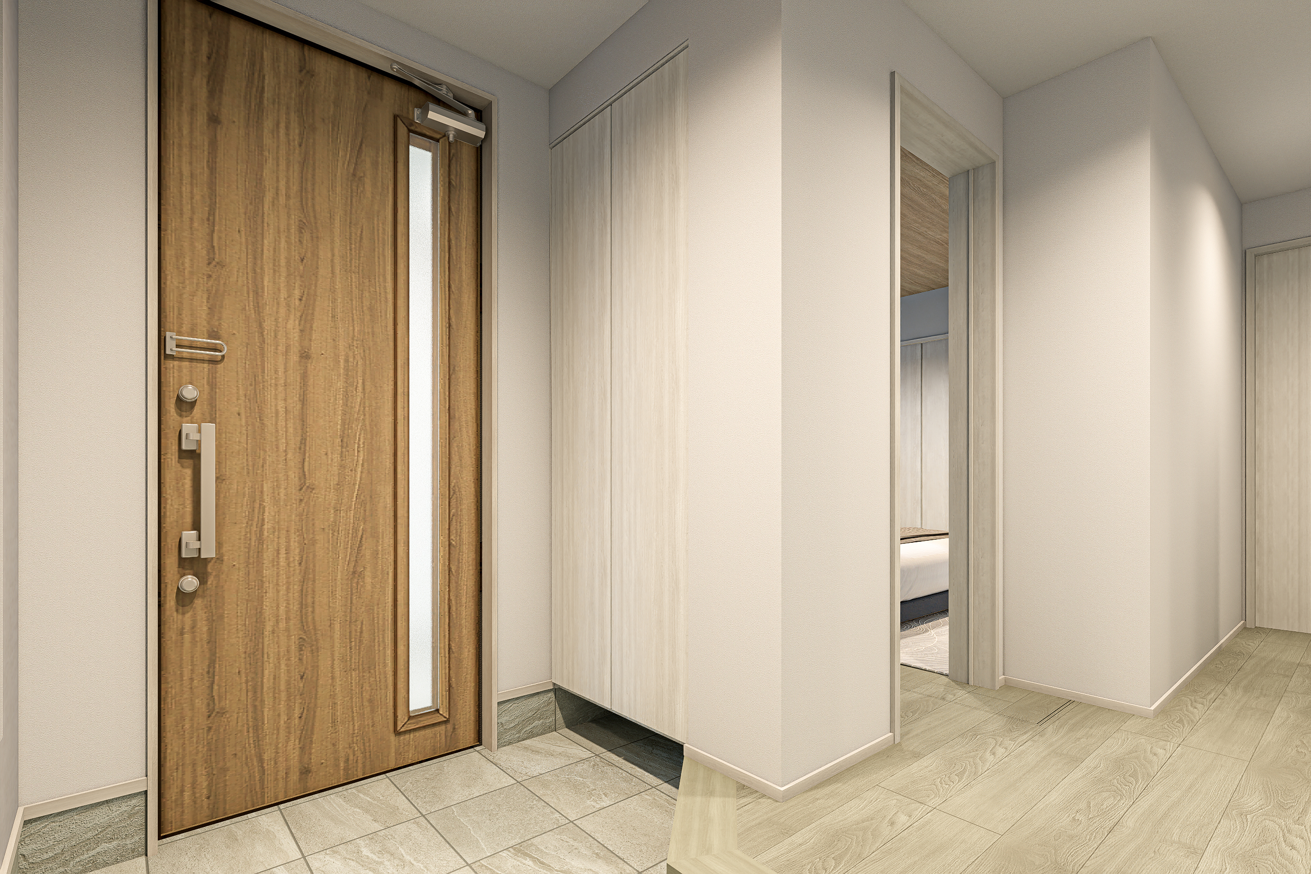 T-2／玄関ドアは防火戸を採用し、スマホや手をかざすだけで施開錠ができるファミロックを搭載しています。