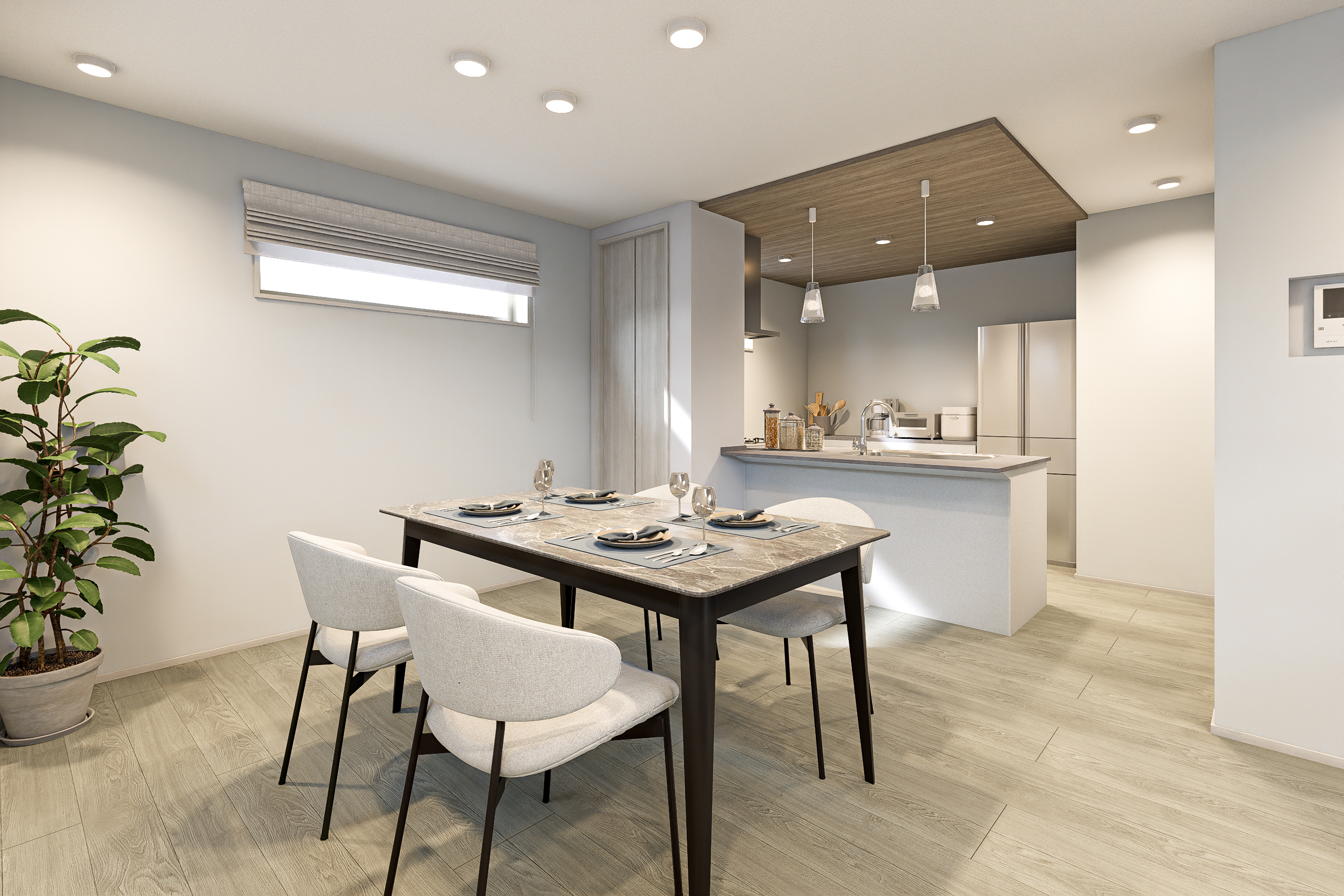 T-2／明るい笑い声が響くダイニングは家族だけの特等席。揃って食事を楽しむ時間にこの上ない幸せが感じられます。※完成イメージ