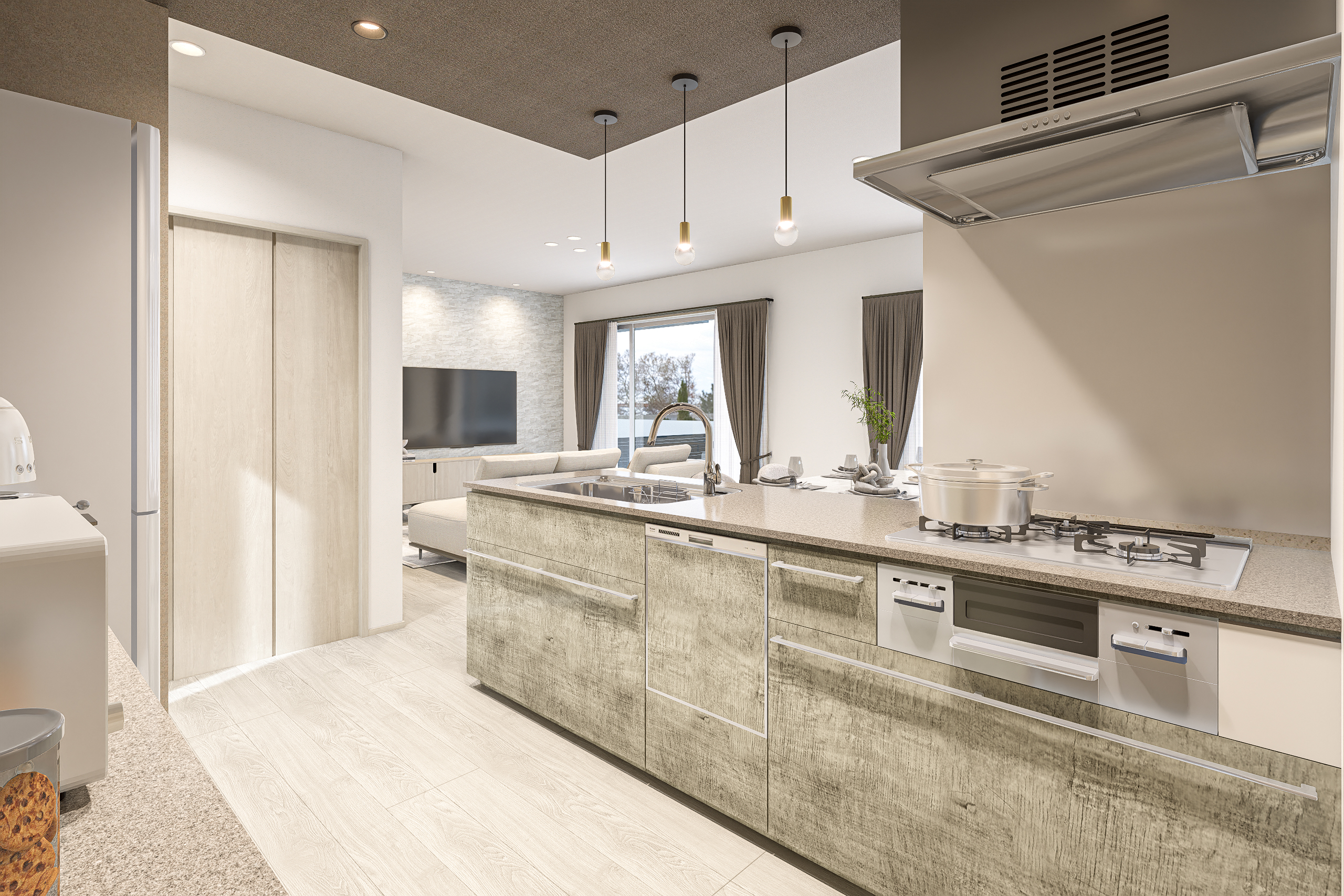 T-1/キッチンはフィオレストーンでスタイリッシュに。便利な設備を搭載した機能的な仕様で家事をサポート。※イメージとなります