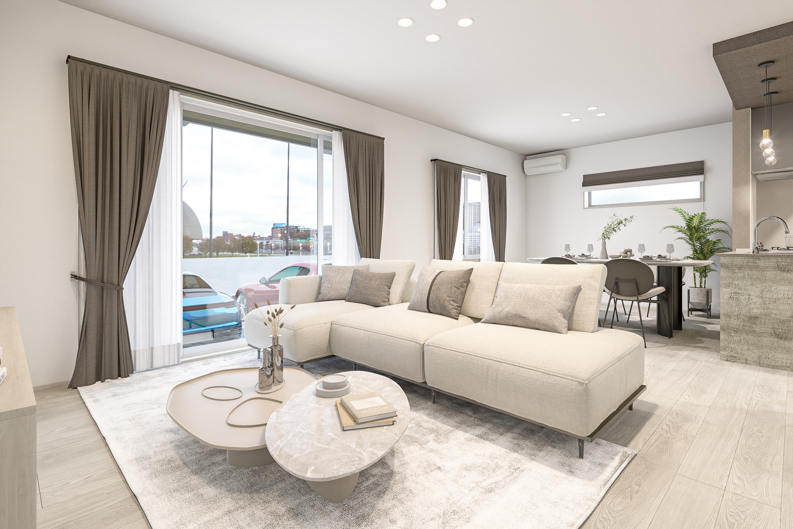 T-1/開放感たっぷりなLDKはサイズの異なる窓でメリハリをプラス。電動シャッター付きで防犯面も安心。※イメージとなります