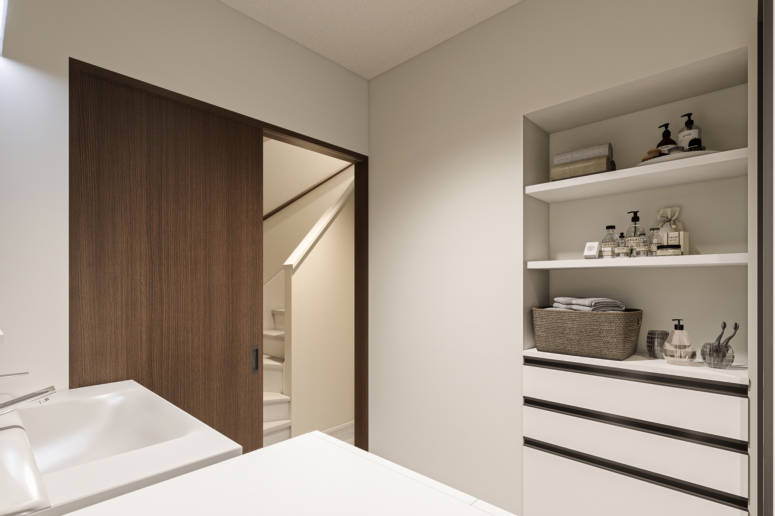 T-3／ランドリーキャビネットと大容量の上部棚を装備。タオルや洗剤もすっきり片付き、家事効率が格段にアップします。