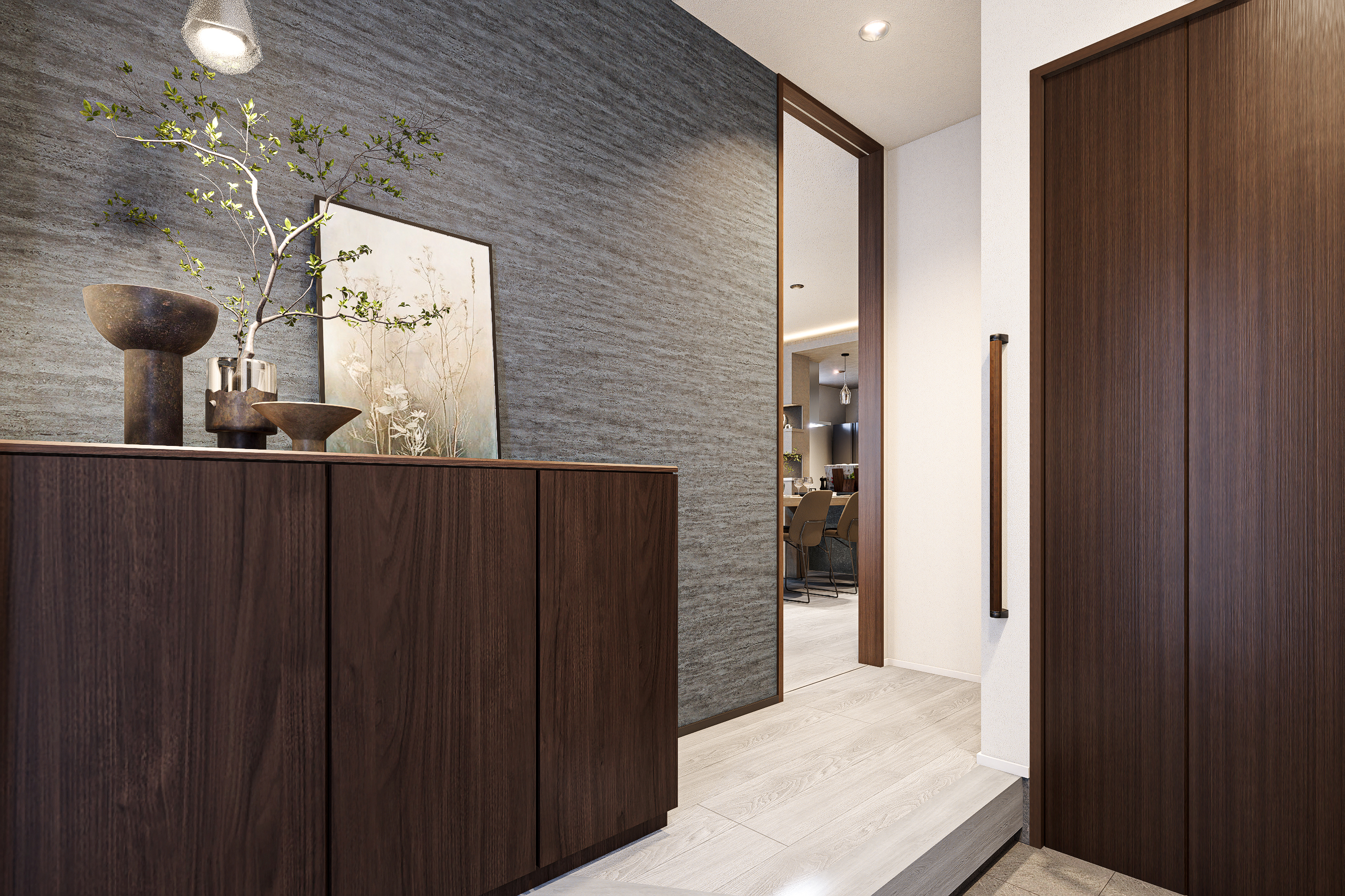 T-3／シックなアクセントウォールと間接照明がお出迎え。モダンで洗練された玄関が、上質な暮らしの始まりを演出します。