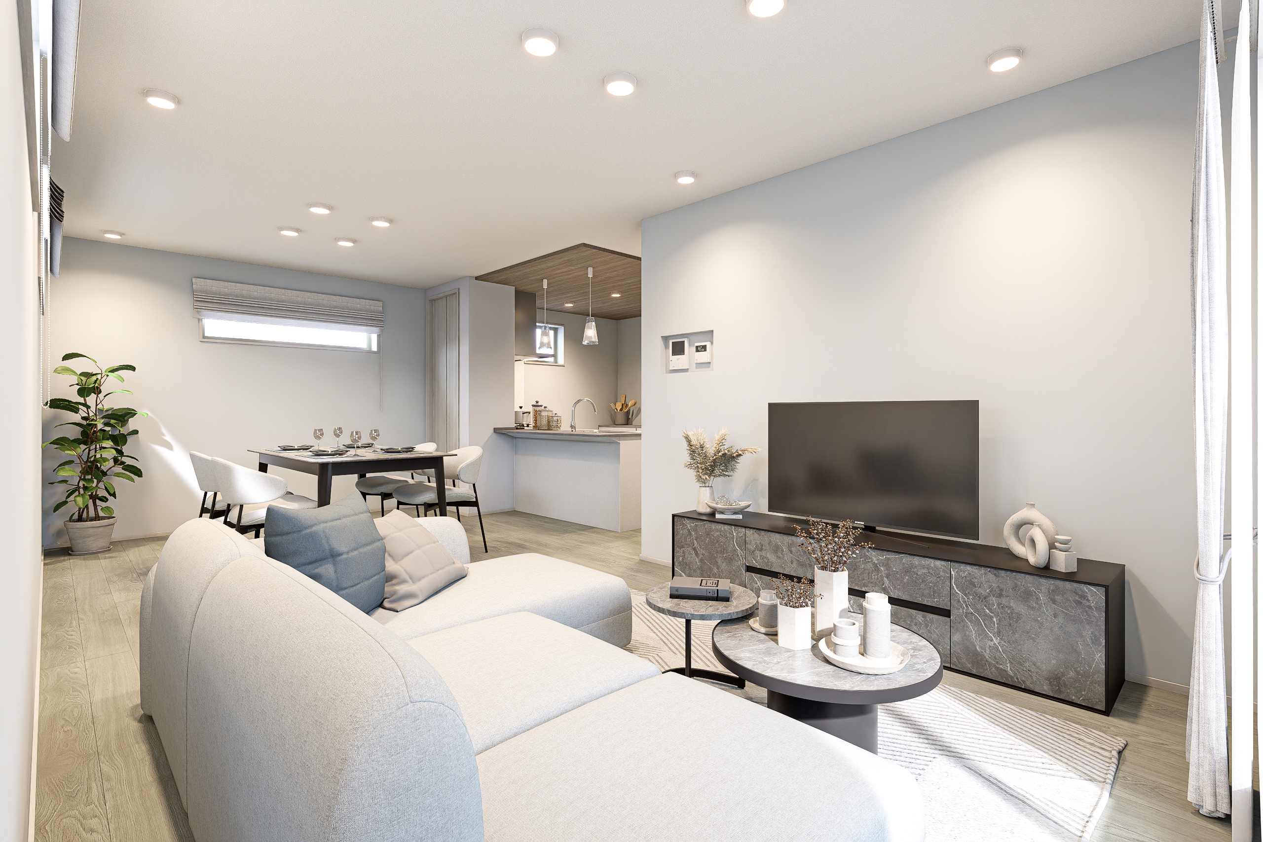 T-2／心地よい天井高が開放感を演出し、ダウンライトで空間をスッキリと見せることで実現する居心地の良いLDK。※完成イメージ