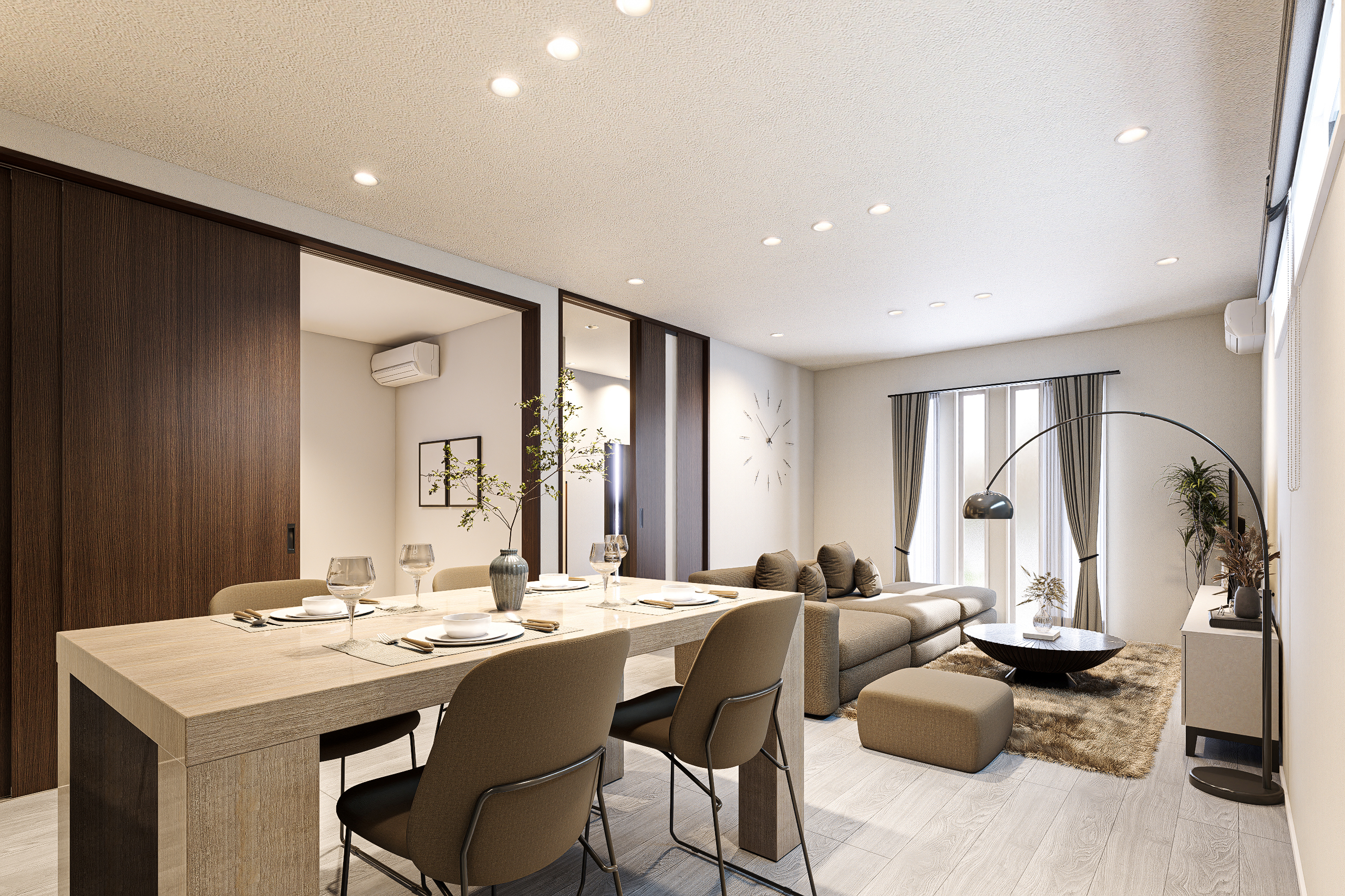 T-3／開放的なフラット対面キッチン。リビングを見渡しながら、家族との会話を遮らずに料理を楽しめます。