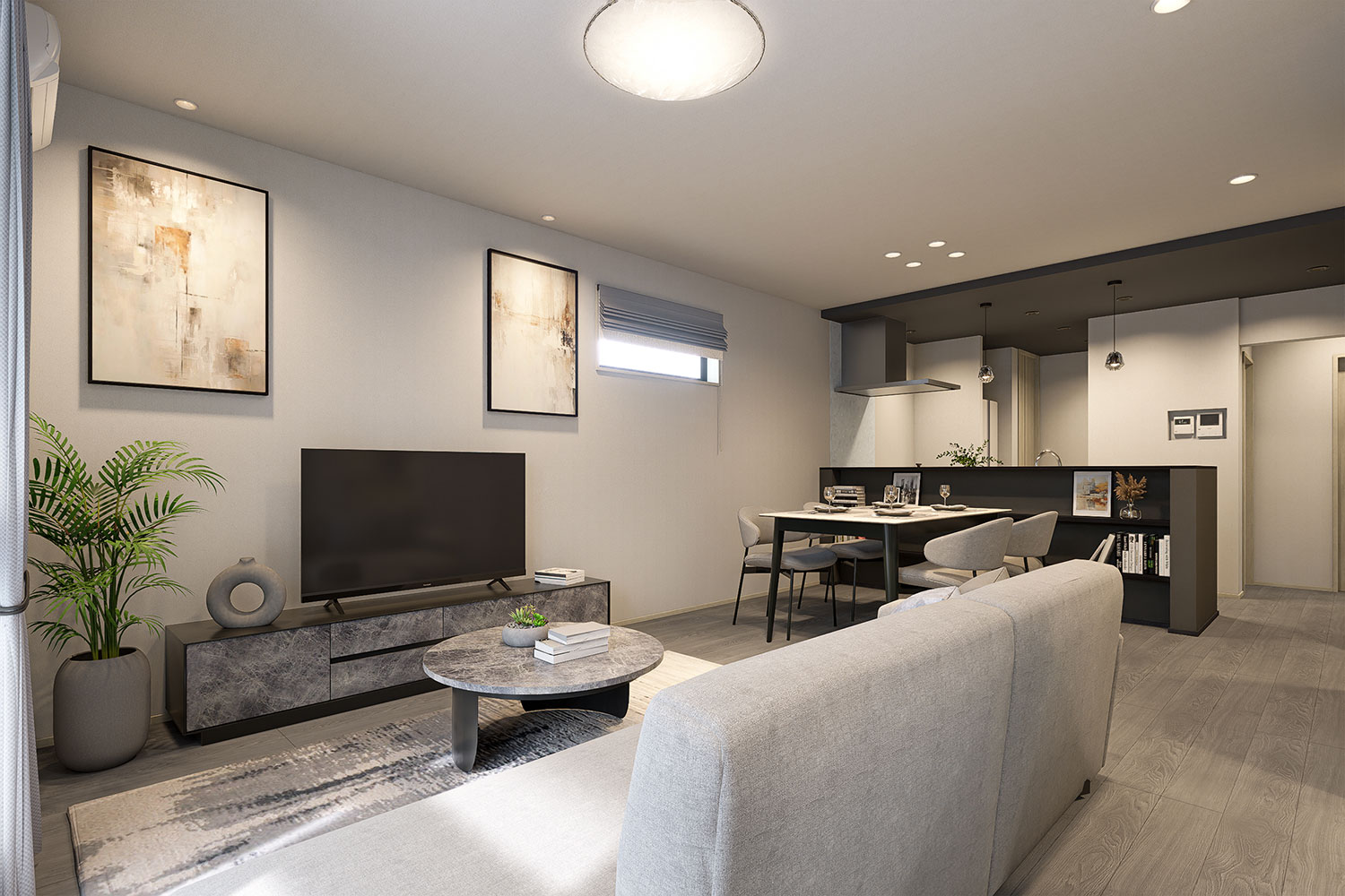 T-1／グレイッシュモダンなLDKは落ち着きのある佇まいで、気持ちがホッと安らぐ穏やかさを湛えています。