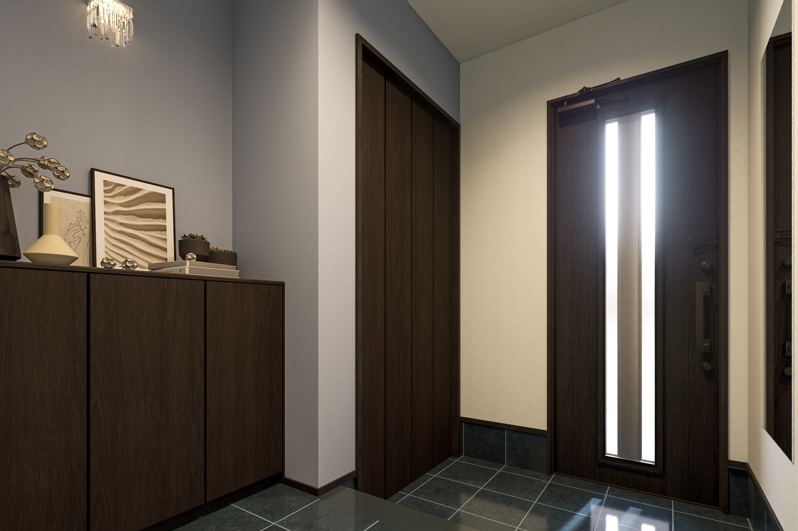 T-4/家の第一印象を決定づけるデザイン。深みのある木目とアクセントウォールが、ゲストを優雅にお迎えします。