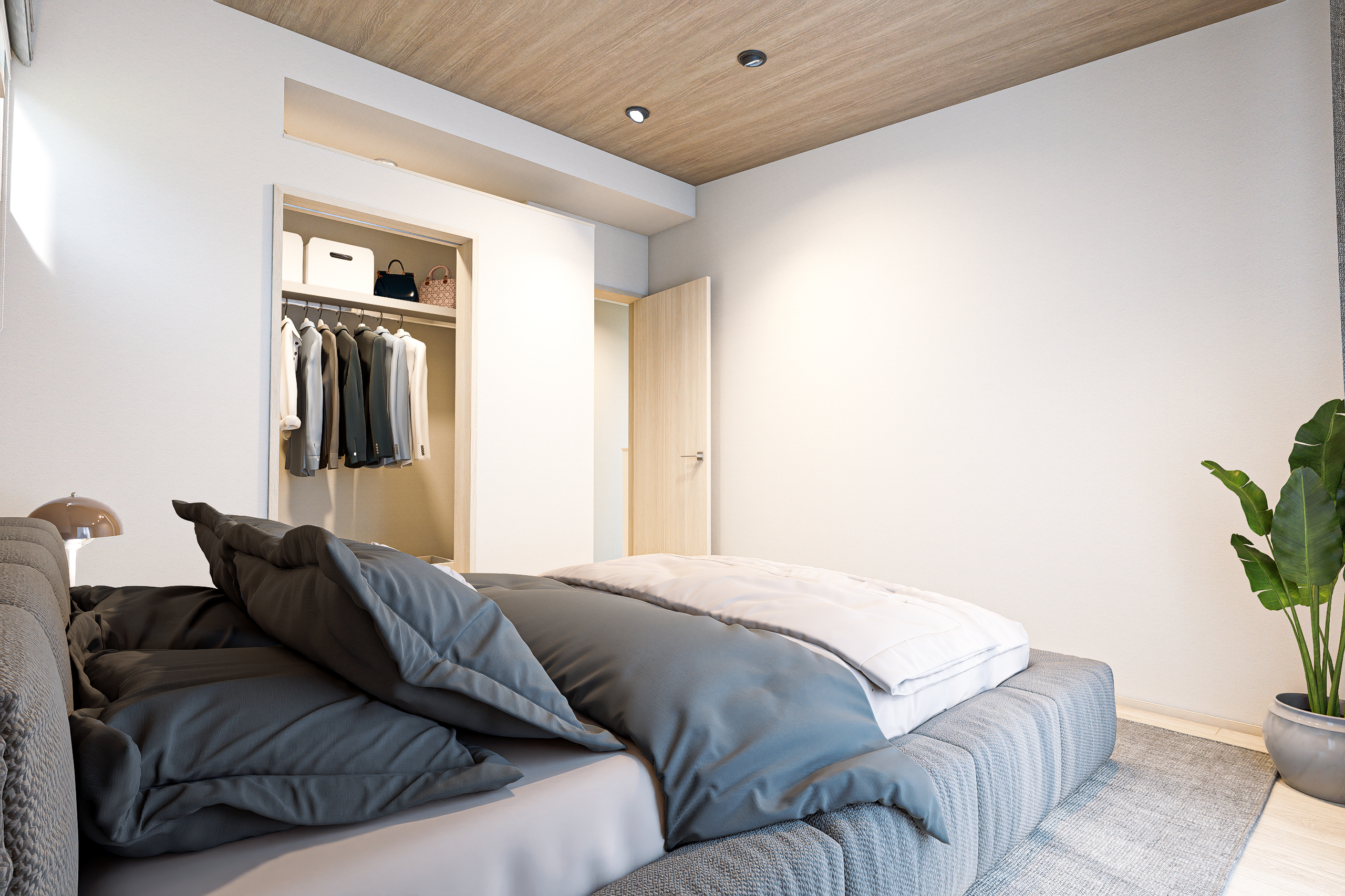 T-2/柔らかな光と温かみのある素材で仕上げた、大人のためのプライベート空間。WICとのつながりが、快適な動線と整った美しさを生み出します。