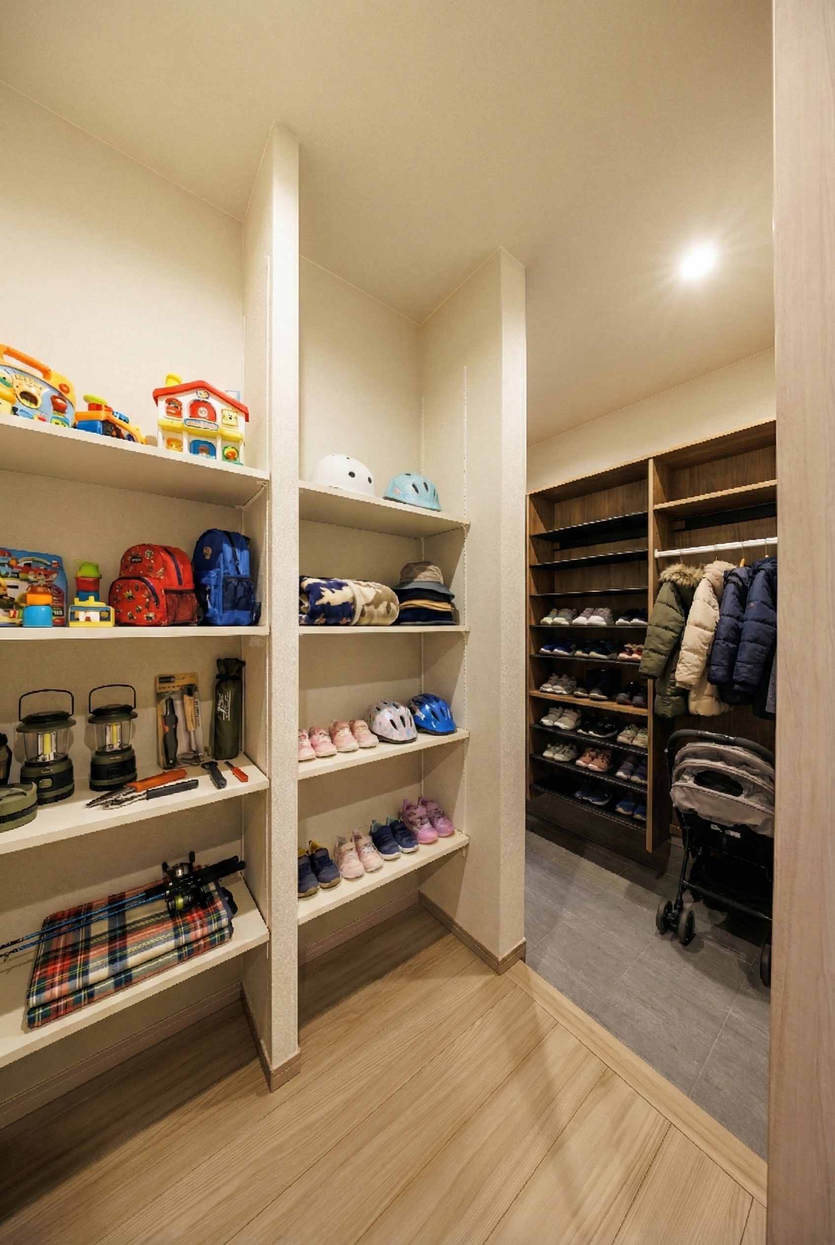 T-3／収納するものに合わせて高さが変えられる可動棚。家族の荷物を無駄なく、すっきりと整理でき、玄関がいつも片付きます。※小物CG